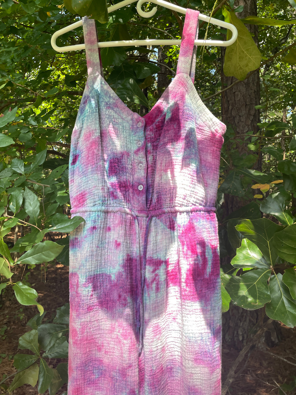 MEDIUM Women's Handmade Galaxy Dye Jumpsuit | One-of-a-Kind Pink and Blue Sleeveless Jumpsuit