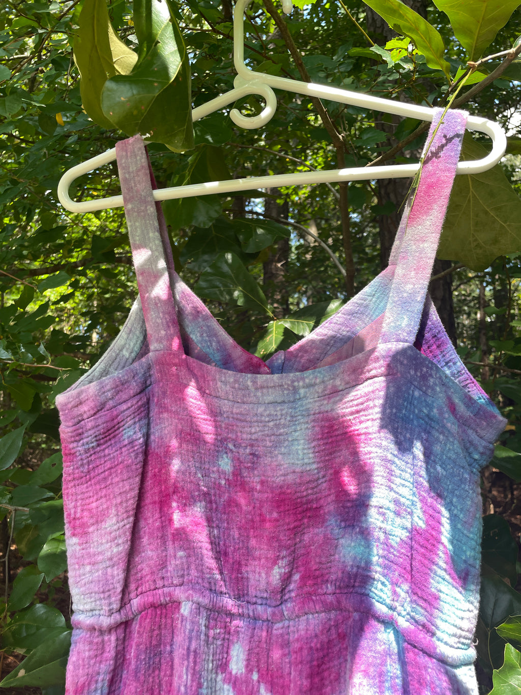 MEDIUM Women's Handmade Galaxy Dye Jumpsuit | One-of-a-Kind Pink and Blue Sleeveless Jumpsuit