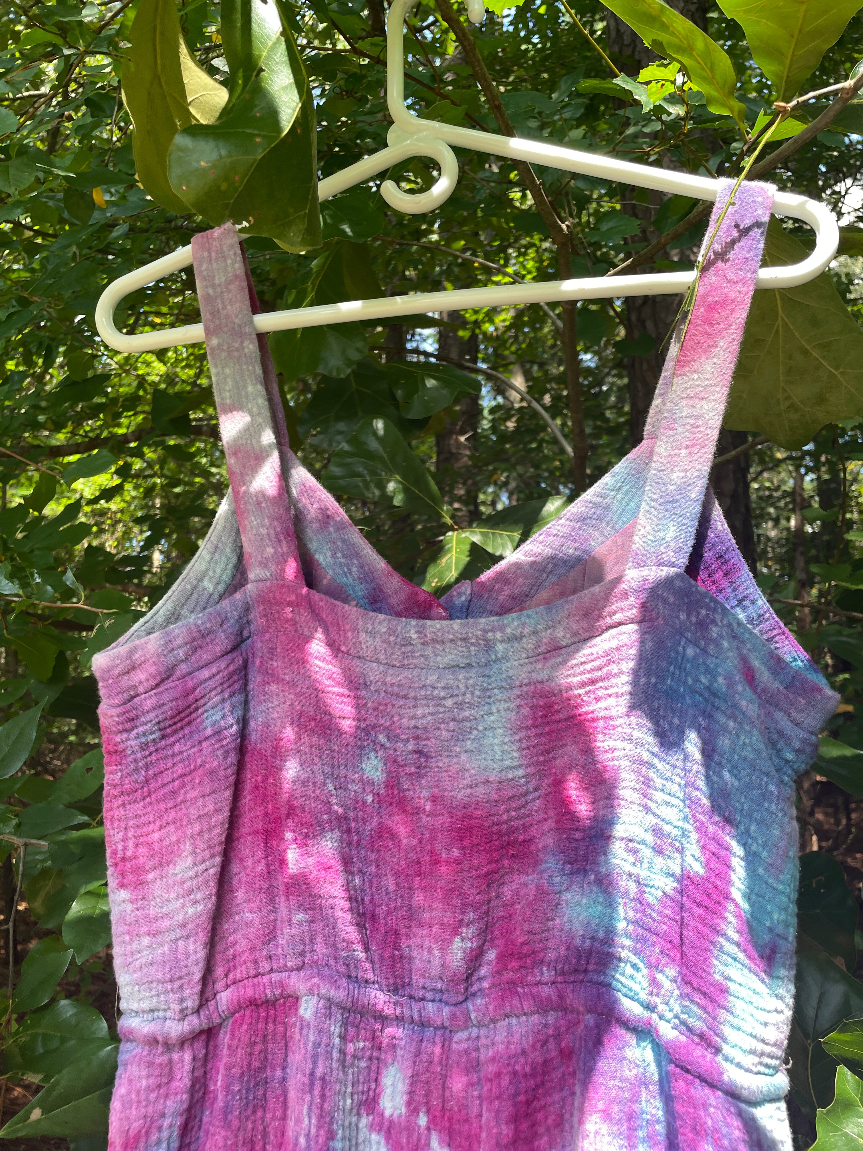 MEDIUM Women's Handmade Galaxy Dye Jumpsuit | One-of-a-Kind Pink and Blue Sleeveless Jumpsuit