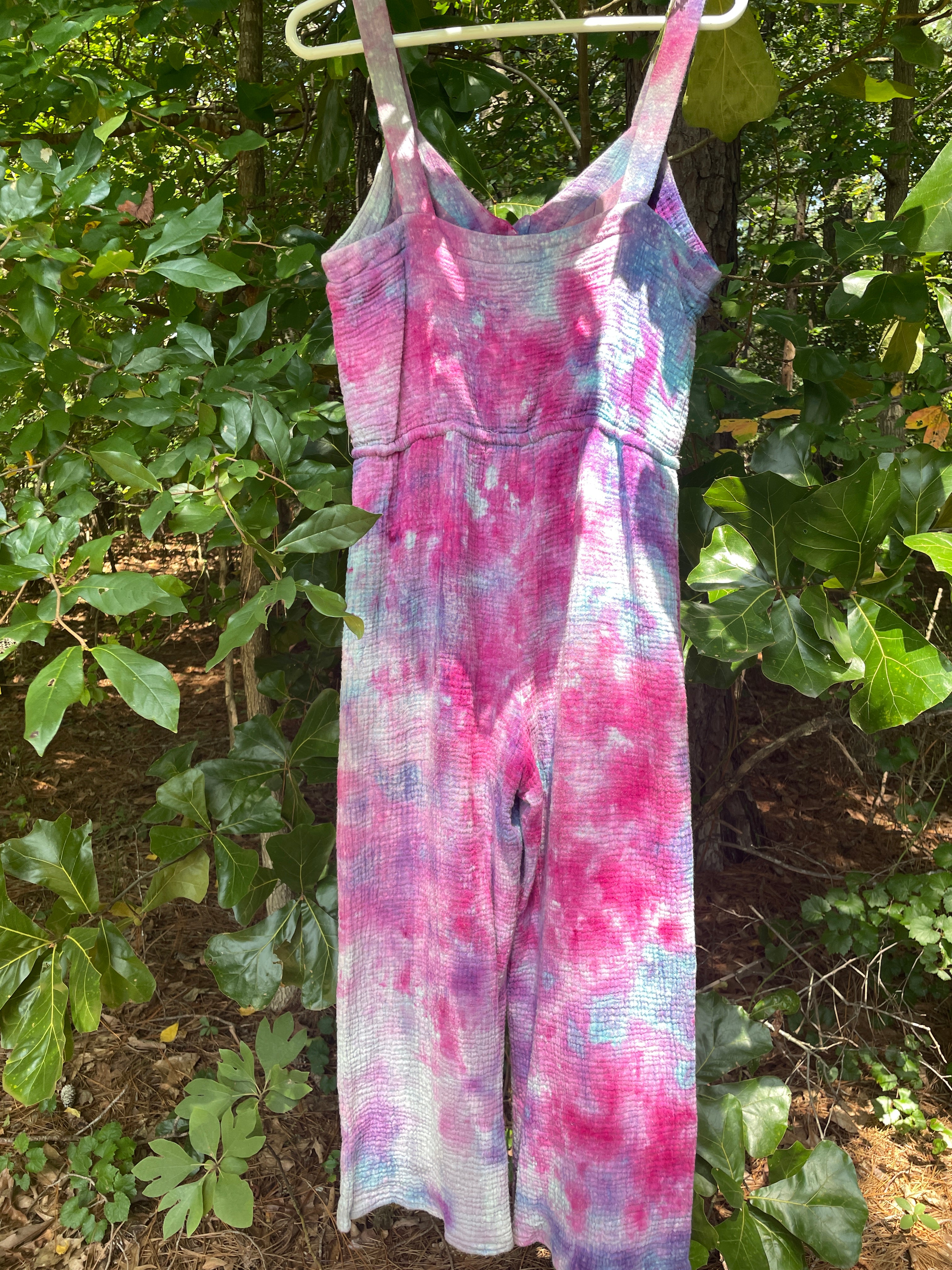 MEDIUM Women's Handmade Galaxy Dye Jumpsuit | One-of-a-Kind Pink and Blue Sleeveless Jumpsuit