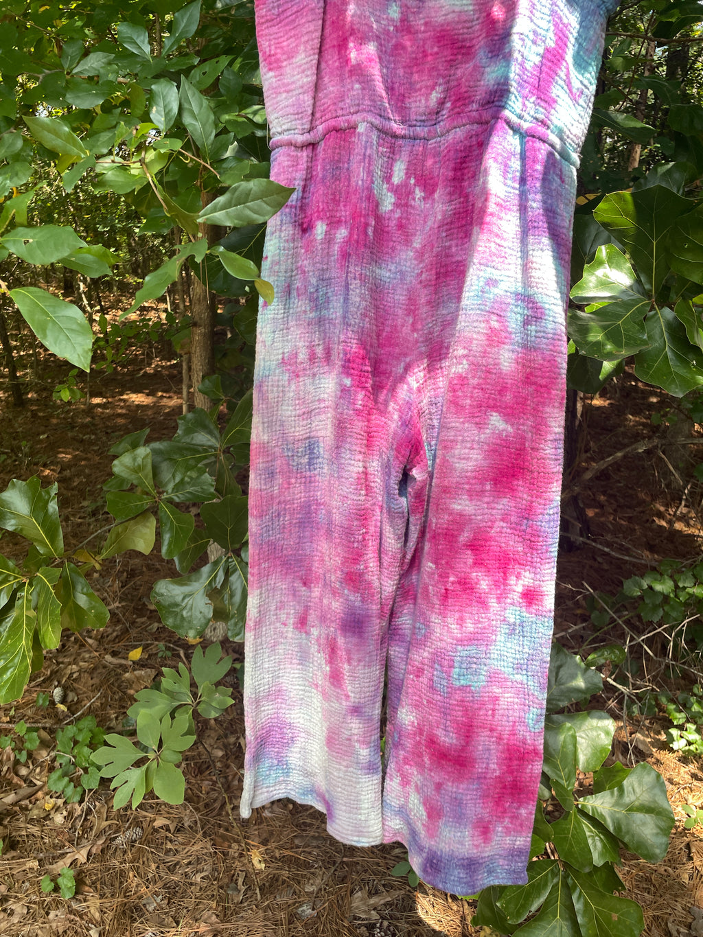MEDIUM Women's Handmade Galaxy Dye Jumpsuit | One-of-a-Kind Pink and Blue Sleeveless Jumpsuit
