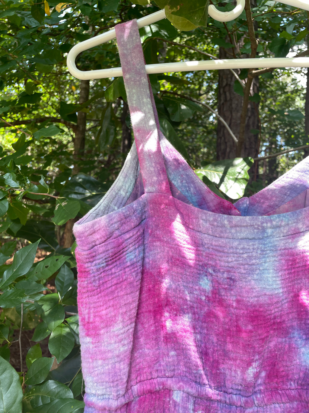 MEDIUM Women's Handmade Galaxy Dye Jumpsuit | One-of-a-Kind Pink and Blue Sleeveless Jumpsuit