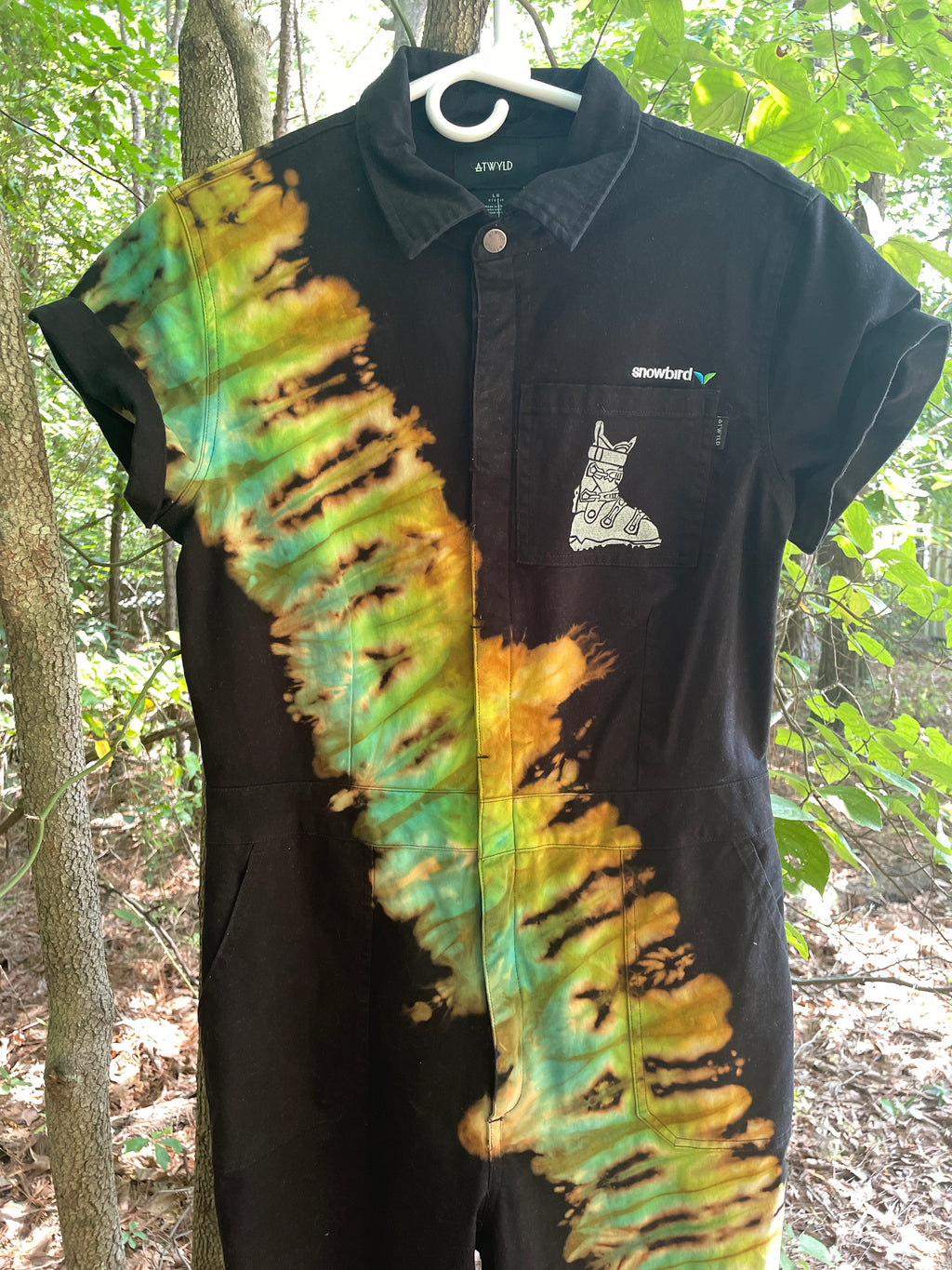 LARGE Women's Snowbird Handmade Tie Dye Jumpsuit (WITH POCKETS) | One-of-a-Kind Short Sleeve Black and Green Jumpsuit with Ski Boot Block Print
