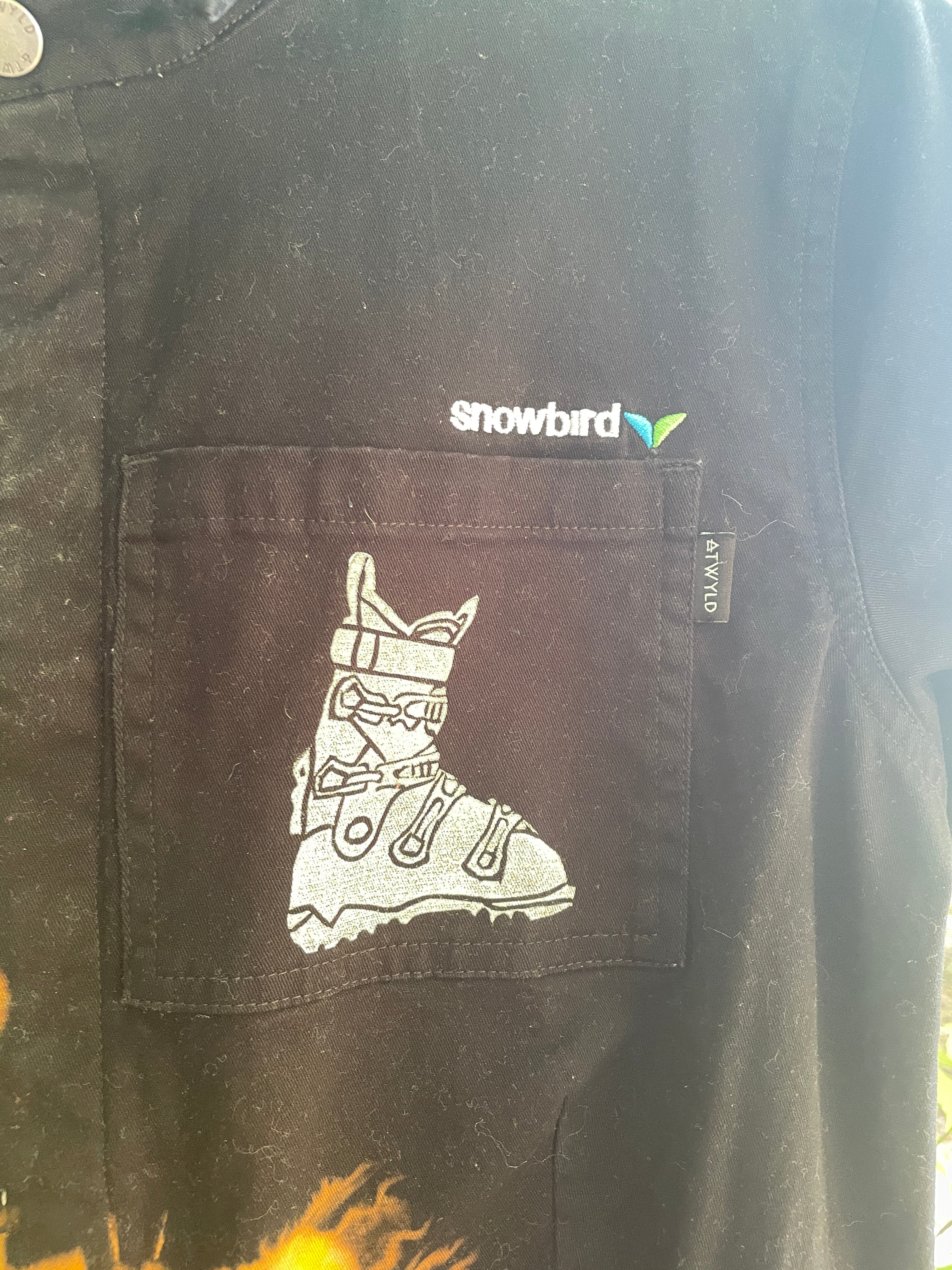 LARGE Women's Snowbird Handmade Tie Dye Jumpsuit (WITH POCKETS) | One-of-a-Kind Short Sleeve Black and Green Jumpsuit with Ski Boot Block Print