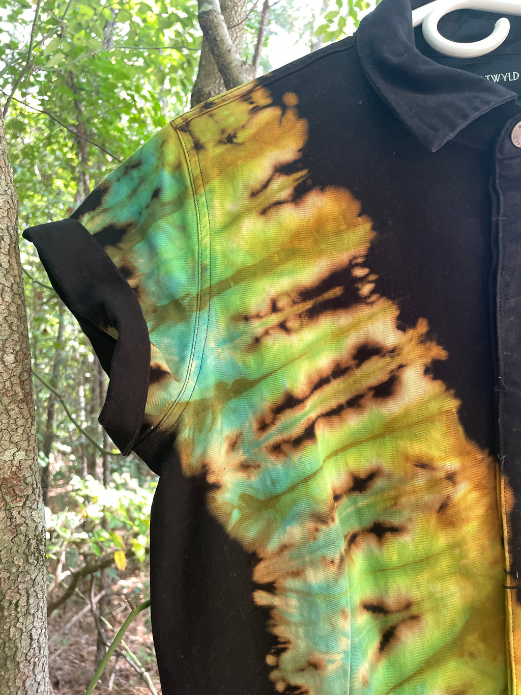 LARGE Women's Snowbird Handmade Tie Dye Jumpsuit (WITH POCKETS) | One-of-a-Kind Short Sleeve Black and Green Jumpsuit with Ski Boot Block Print