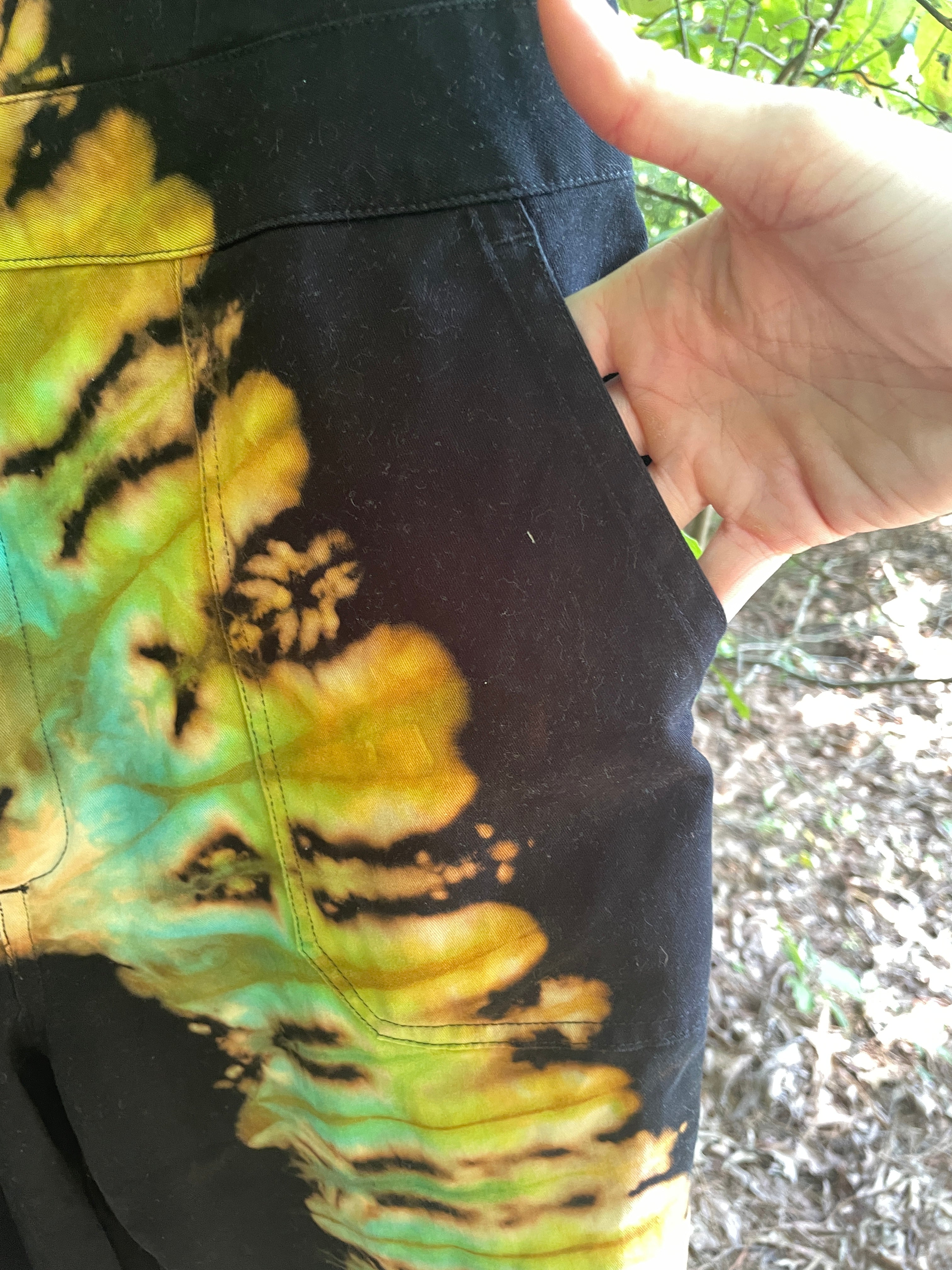 LARGE Women's Snowbird Handmade Tie Dye Jumpsuit (WITH POCKETS) | One-of-a-Kind Short Sleeve Black and Green Jumpsuit with Ski Boot Block Print