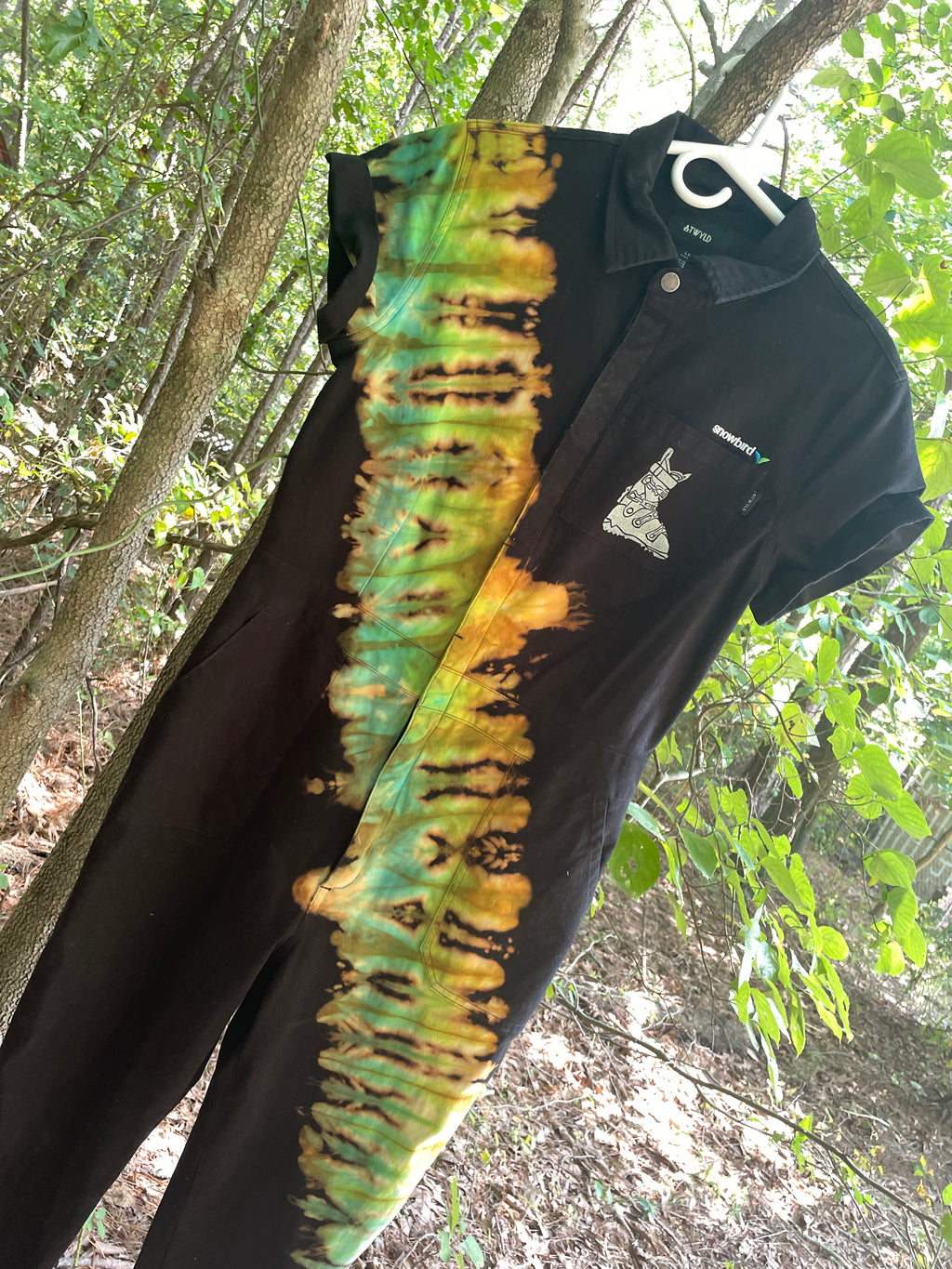 LARGE Women's Snowbird Handmade Tie Dye Jumpsuit (WITH POCKETS) | One-of-a-Kind Short Sleeve Black and Green Jumpsuit with Ski Boot Block Print
