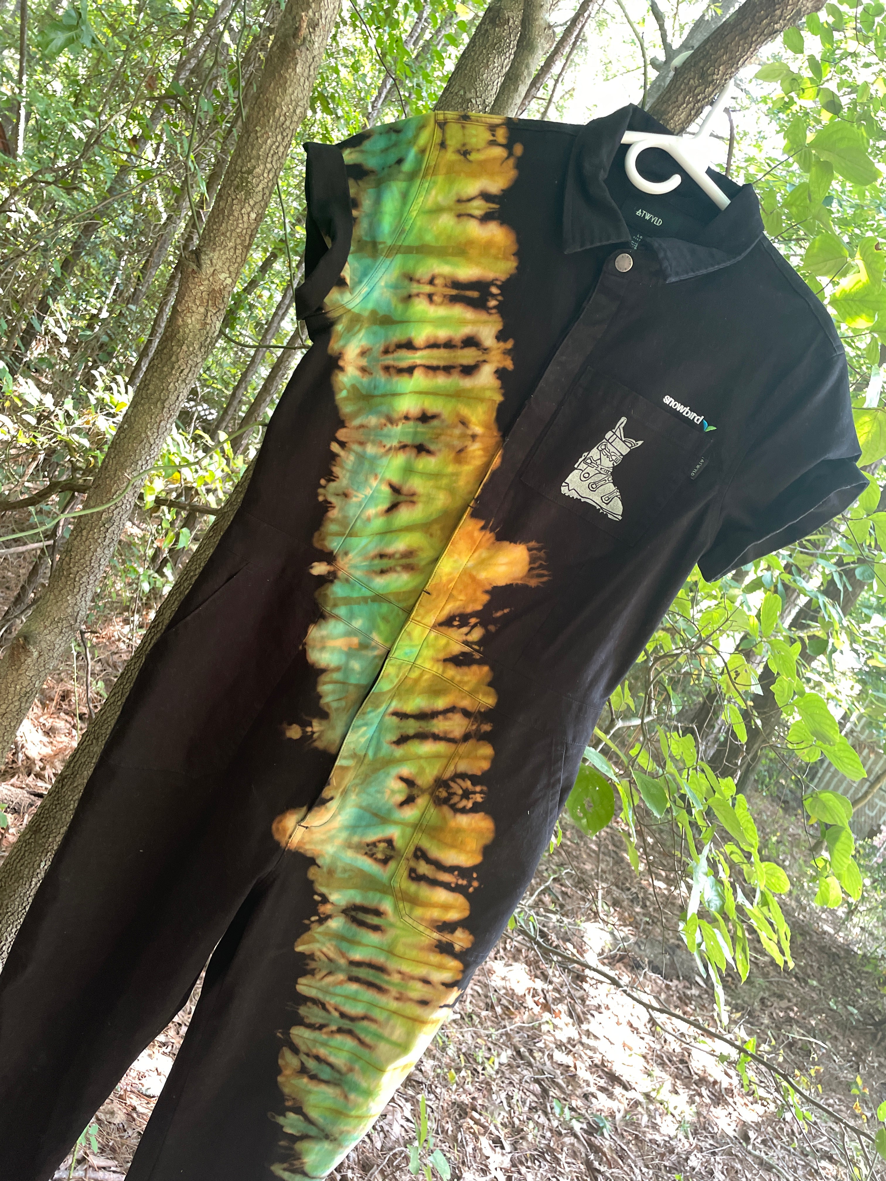 LARGE Women's Snowbird Handmade Tie Dye Jumpsuit (WITH POCKETS) | One-of-a-Kind Short Sleeve Black and Green Jumpsuit with Ski Boot Block Print