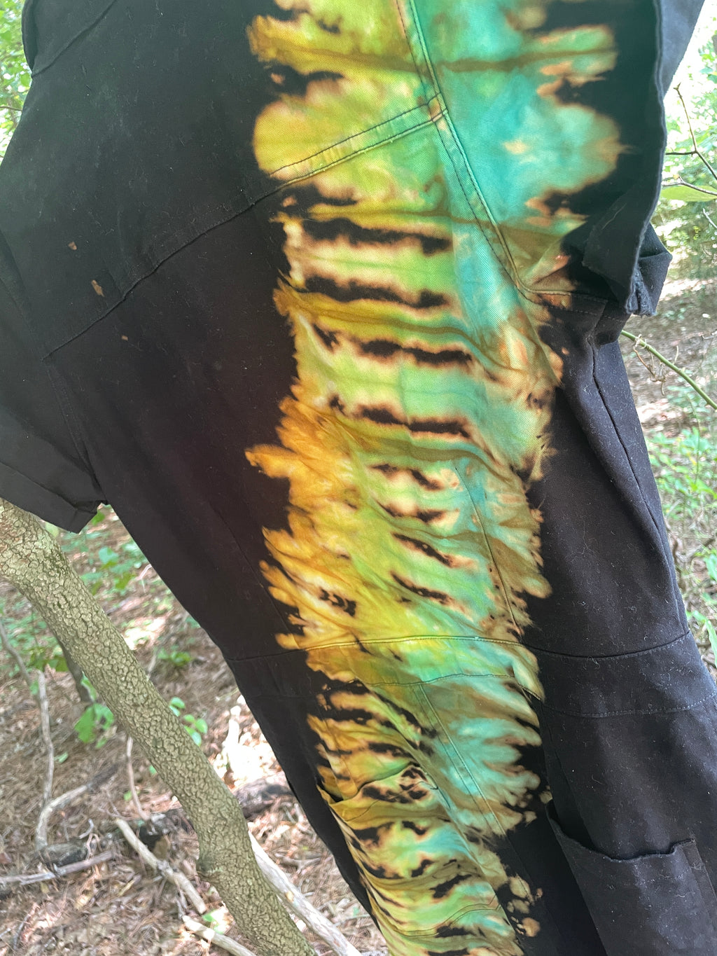 LARGE Women's Snowbird Handmade Tie Dye Jumpsuit (WITH POCKETS) | One-of-a-Kind Short Sleeve Black and Green Jumpsuit with Ski Boot Block Print