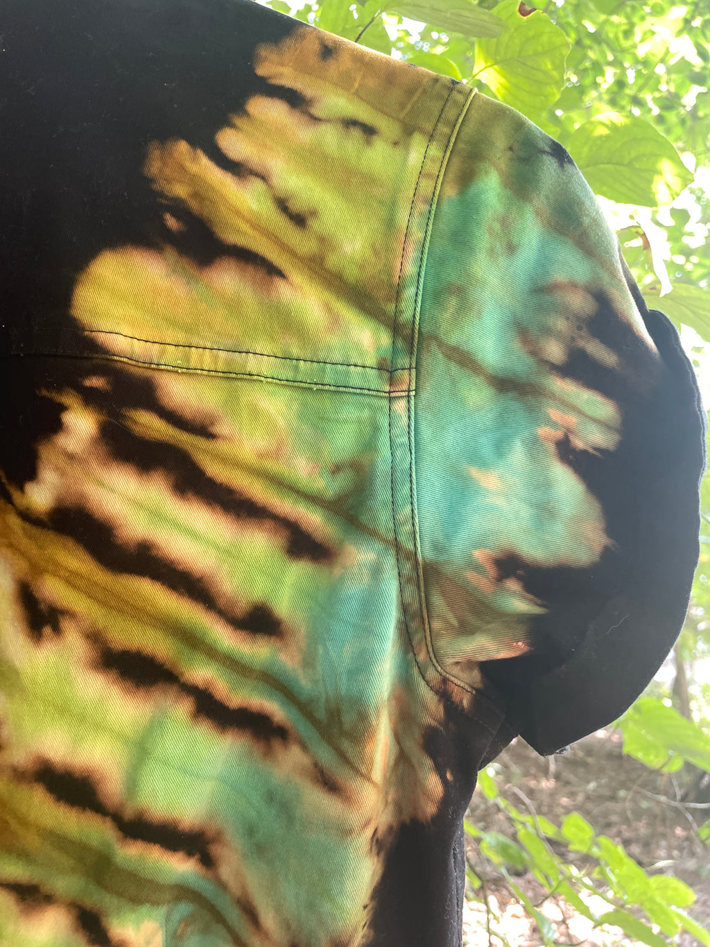 LARGE Women's Snowbird Handmade Tie Dye Jumpsuit (WITH POCKETS) | One-of-a-Kind Short Sleeve Black and Green Jumpsuit with Ski Boot Block Print