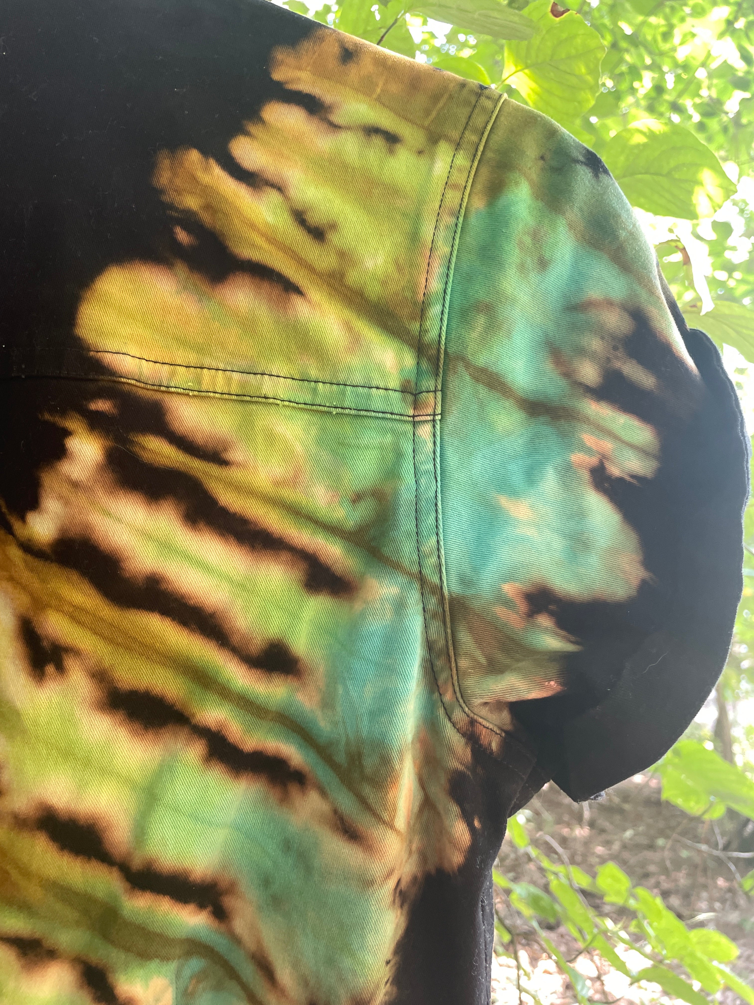 LARGE Women's Snowbird Handmade Tie Dye Jumpsuit (WITH POCKETS) | One-of-a-Kind Short Sleeve Black and Green Jumpsuit with Ski Boot Block Print