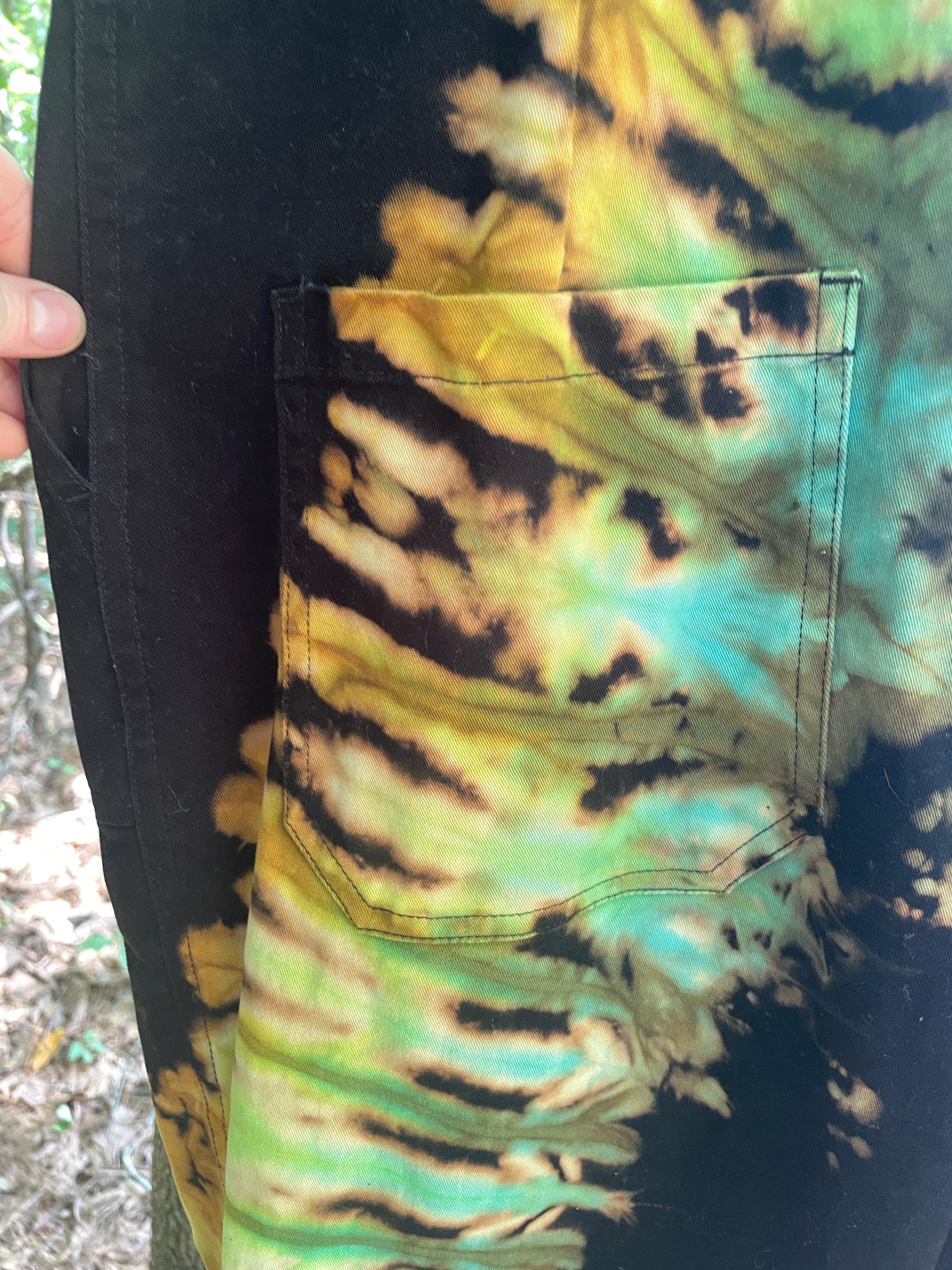 LARGE Women's Snowbird Handmade Tie Dye Jumpsuit (WITH POCKETS) | One-of-a-Kind Short Sleeve Black and Green Jumpsuit with Ski Boot Block Print