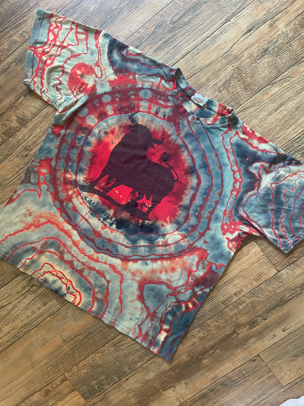 San Fermin, Spain Running of the Bulls Red and Black Tie Dye Short Sleeve T-Shirt | Men's XL