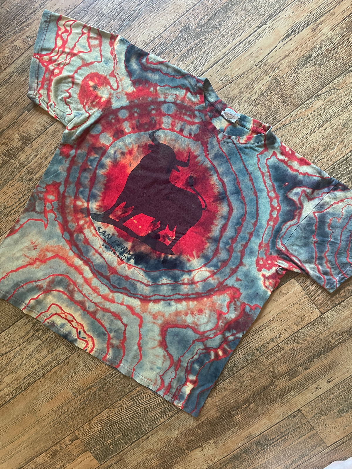 San Fermin, Spain Running of the Bulls Red and Black Tie Dye Short Sleeve T-Shirt | Men's XL