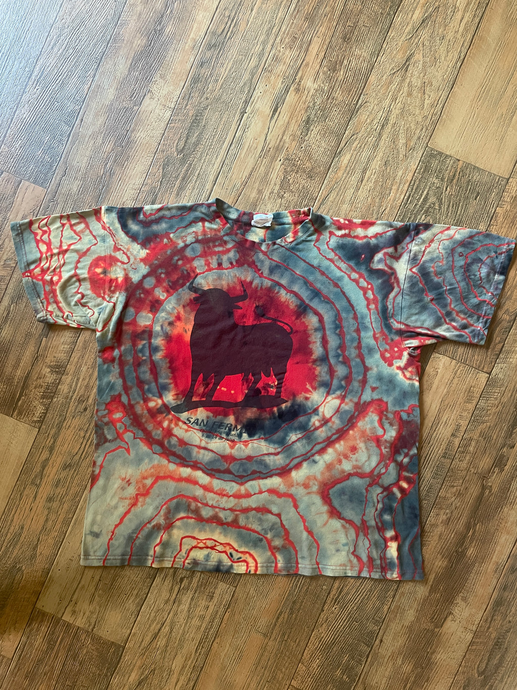 San Fermin, Spain Running of the Bulls Red and Black Tie Dye Short Sleeve T-Shirt | Men's XL