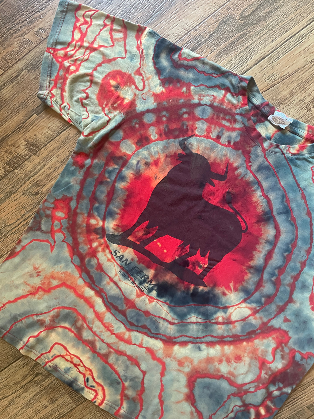 San Fermin, Spain Running of the Bulls Red and Black Tie Dye Short Sleeve T-Shirt | Men's XL