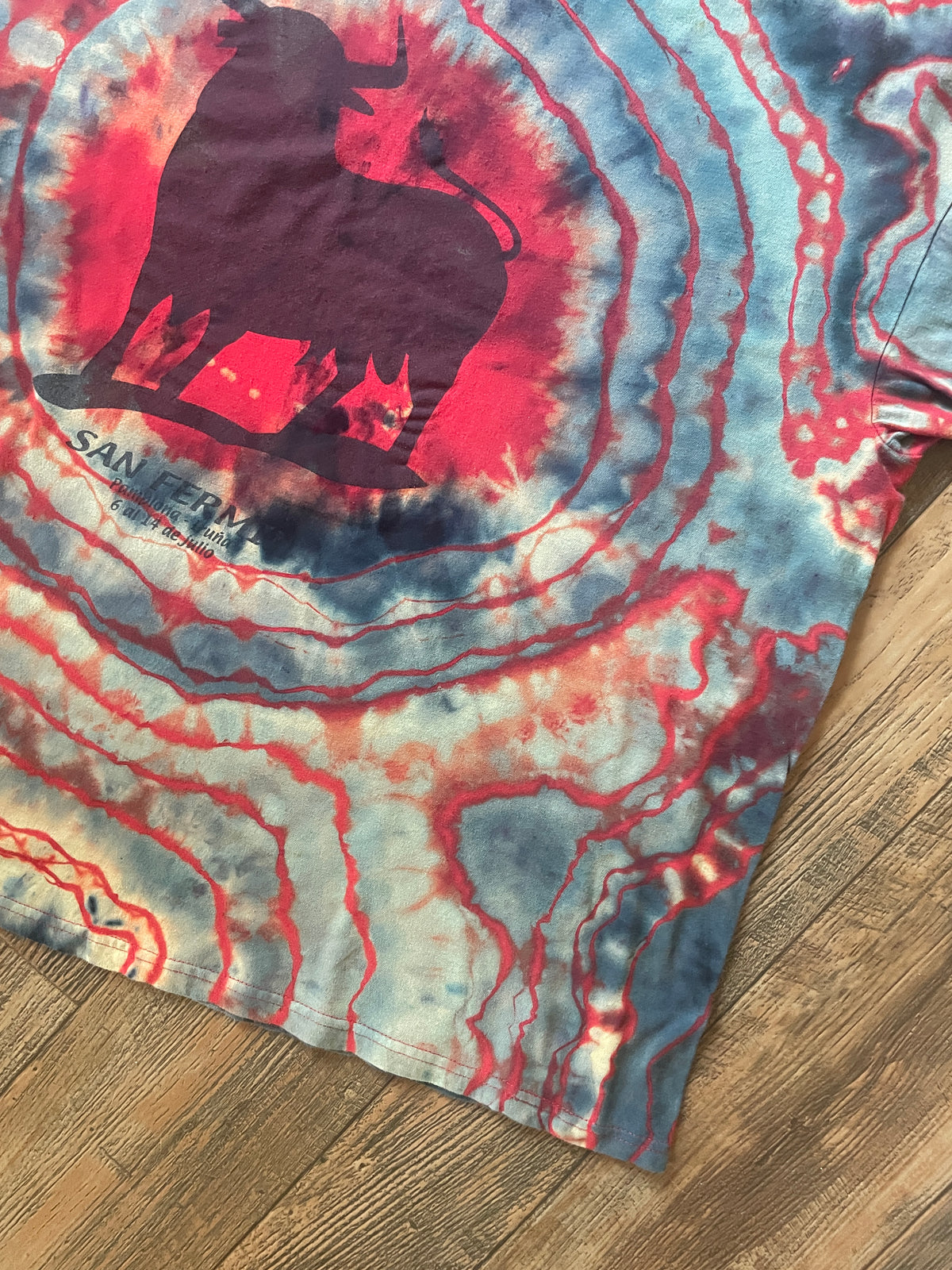 San Fermin, Spain Running of the Bulls Red and Black Tie Dye Short Sleeve T-Shirt | Men's XL
