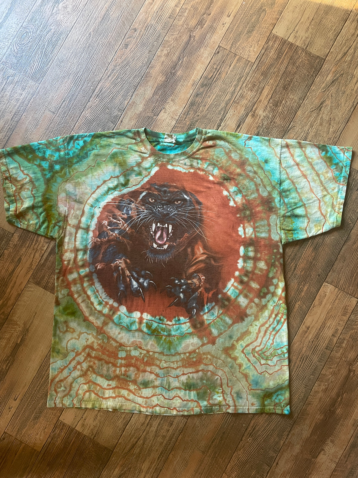 Jaguar Pouncing Orange and Green Geode Reverse Tie Dye Short Sleeve T-Shirt | Men's 3XL
