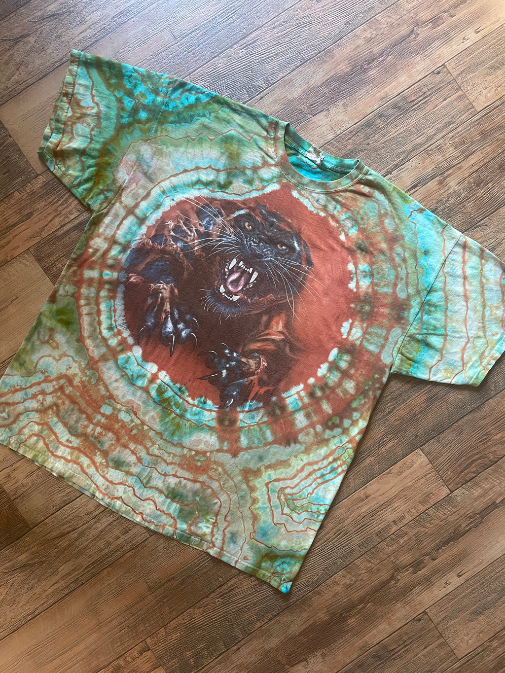 Jaguar Pouncing Orange and Green Geode Reverse Tie Dye Short Sleeve T-Shirt | Men's 3XL