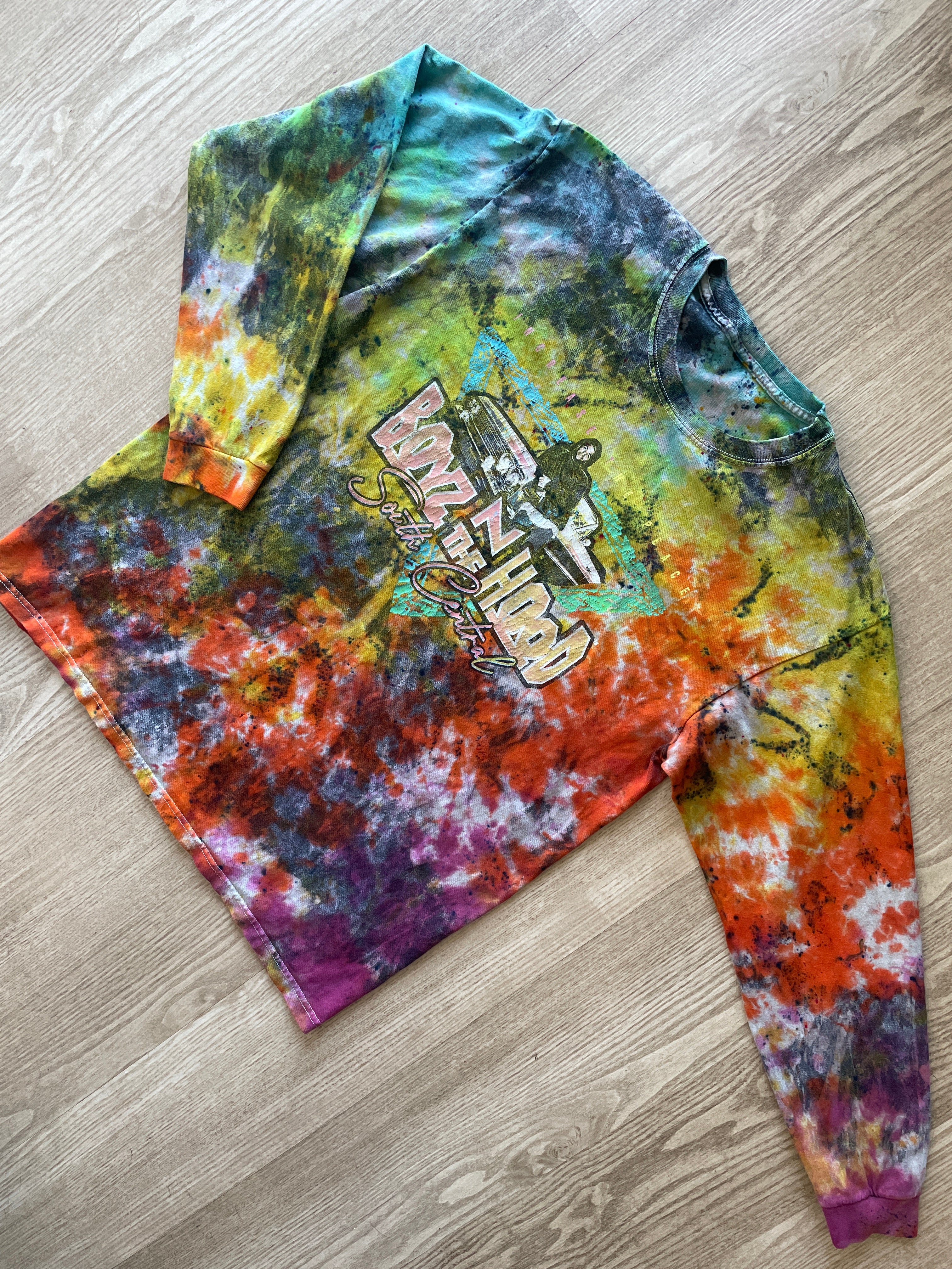 LARGE Men’s Ice Cube Boyz n the Hood Tie Dye Long Sleeve T-Shirt | One-Of-a-Kind Upcycled Multicolor Neon Crumpled Top
