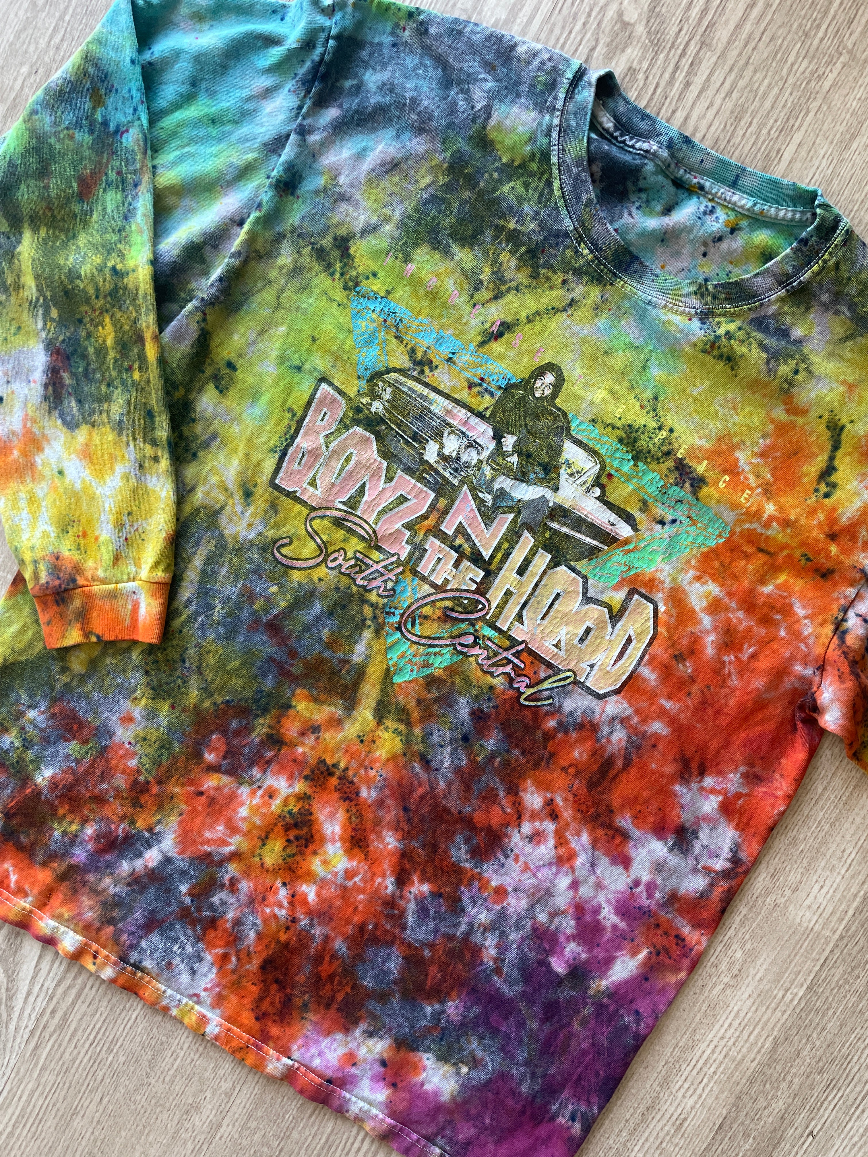 LARGE Men’s Ice Cube Boyz n the Hood Tie Dye Long Sleeve T-Shirt | One-Of-a-Kind Upcycled Multicolor Neon Crumpled Top