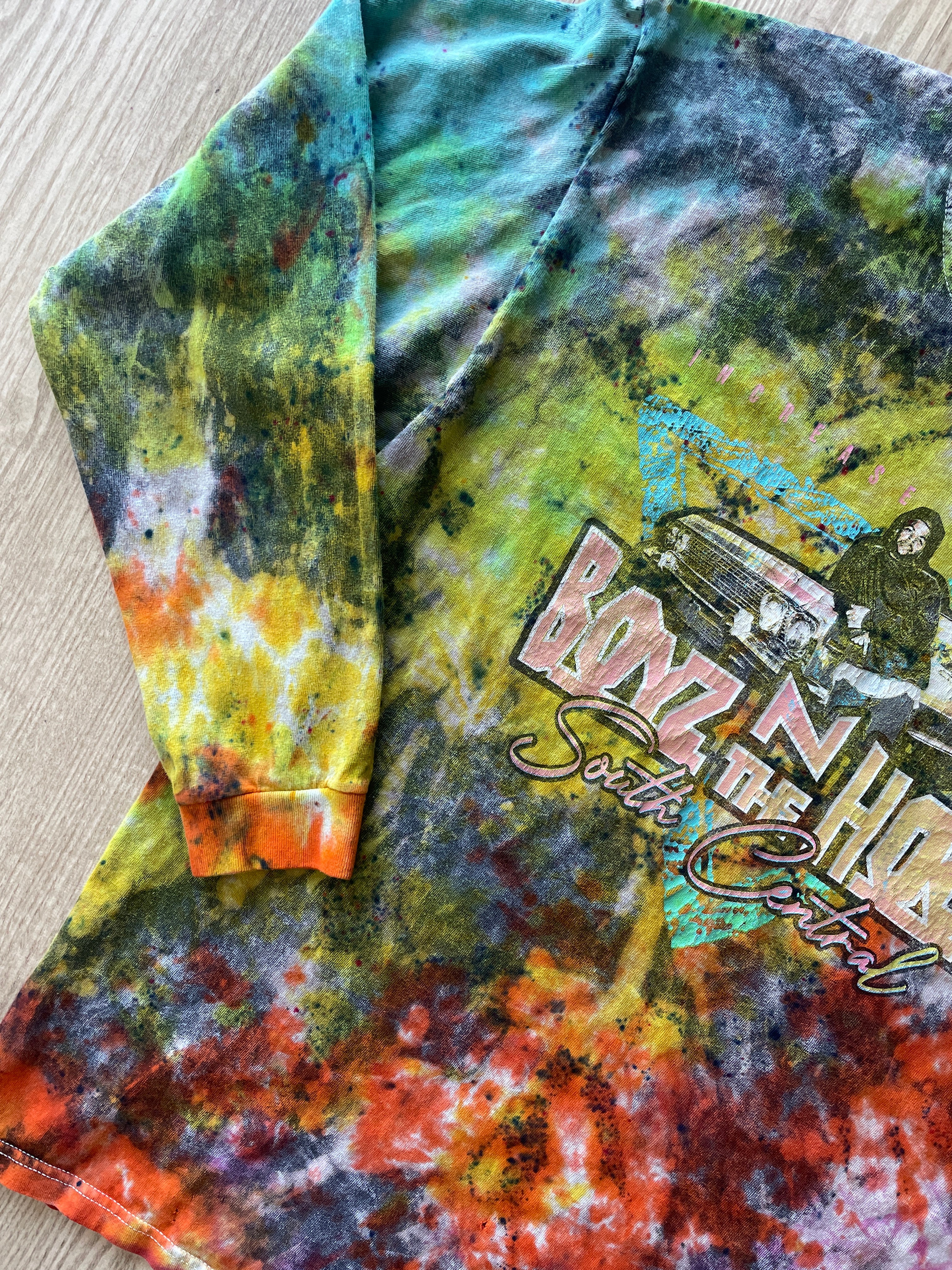 LARGE Men’s Ice Cube Boyz n the Hood Tie Dye Long Sleeve T-Shirt | One-Of-a-Kind Upcycled Multicolor Neon Crumpled Top