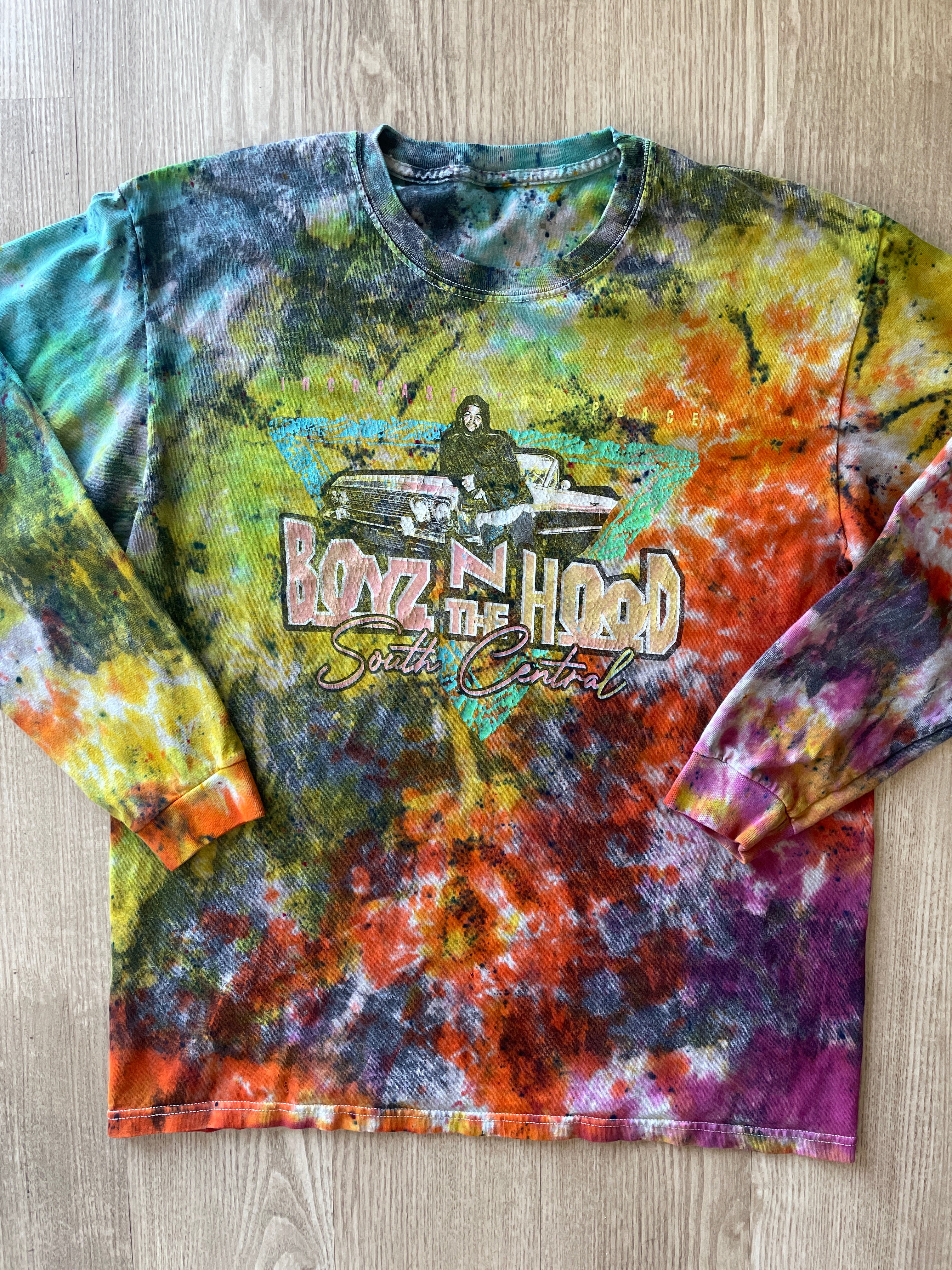 LARGE Men’s Ice Cube Boyz n the Hood Tie Dye Long Sleeve T-Shirt | One-Of-a-Kind Upcycled Multicolor Neon Crumpled Top