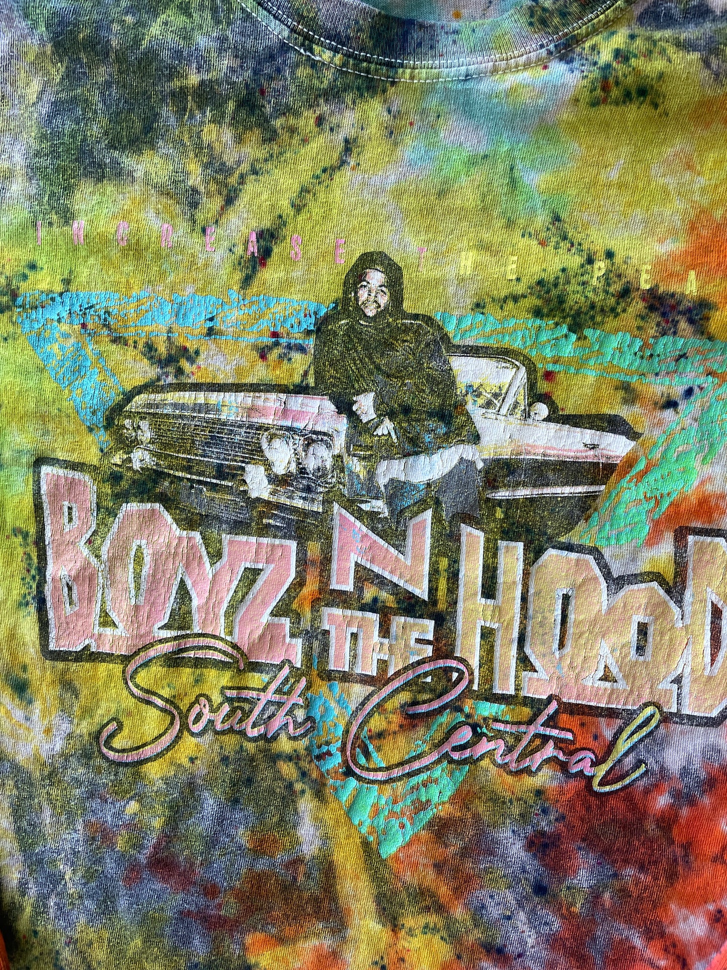 LARGE Men’s Ice Cube Boyz n the Hood Tie Dye Long Sleeve T-Shirt | One-Of-a-Kind Upcycled Multicolor Neon Crumpled Top