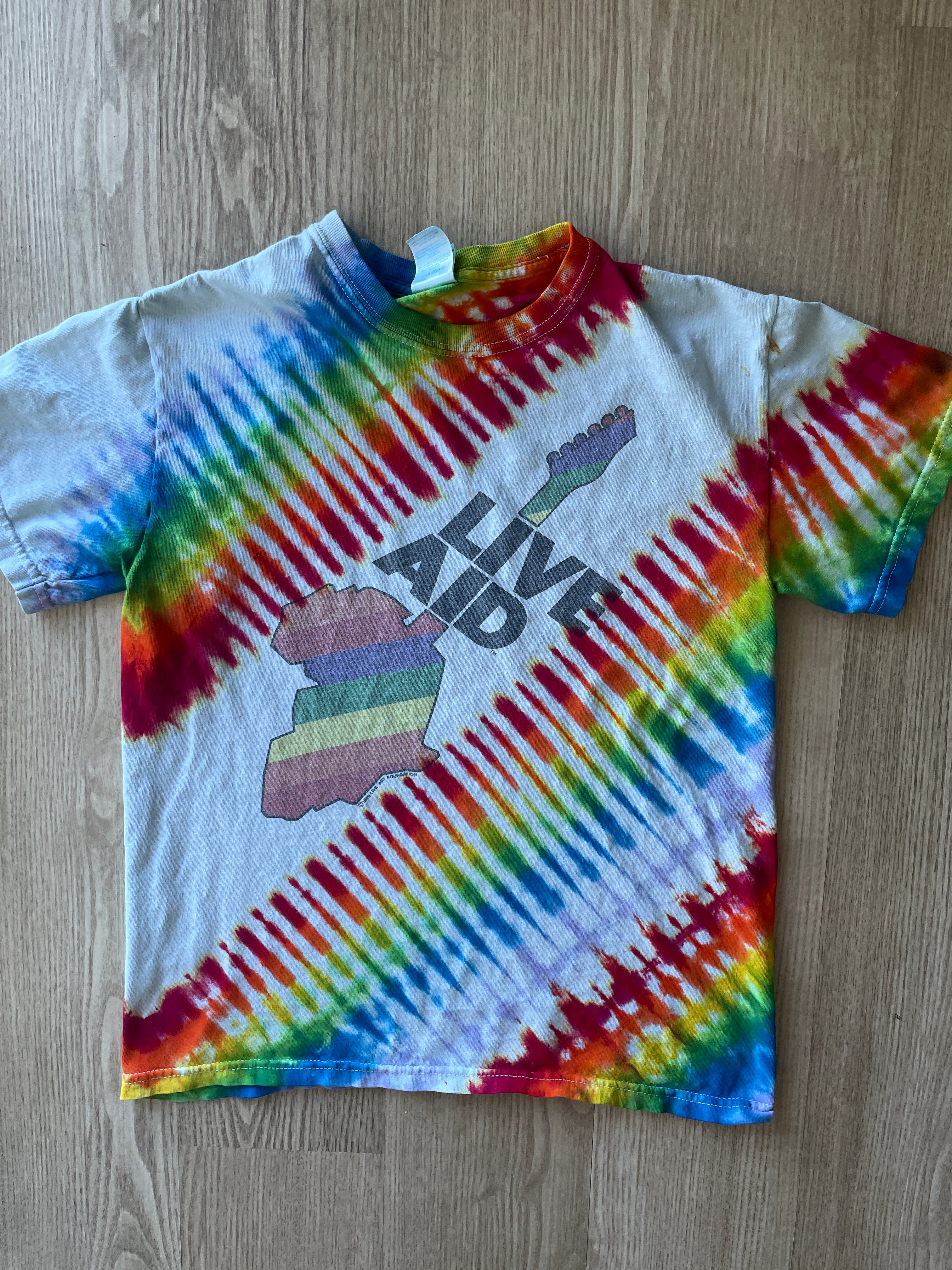 SMALL Men’s Vintage 1995 Live Aid Concert Tie Dye Short Sleeve T-Shirt | One-Of-a-Kind Upcycled Rainbow Pleated Top