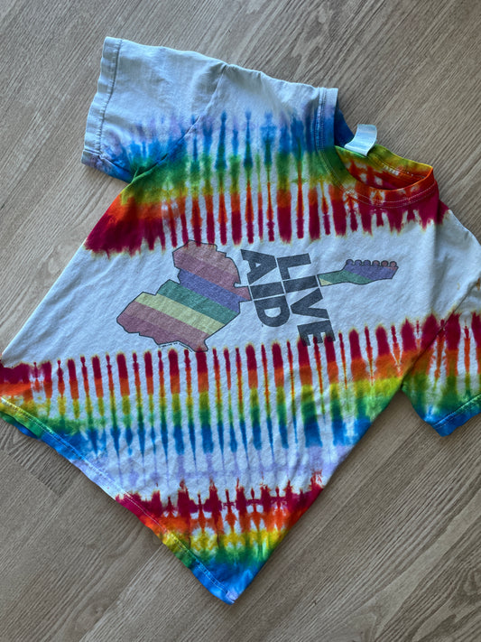 SMALL Men’s Vintage 1995 Live Aid Concert Tie Dye Short Sleeve T-Shirt | One-Of-a-Kind Upcycled Rainbow Pleated Top