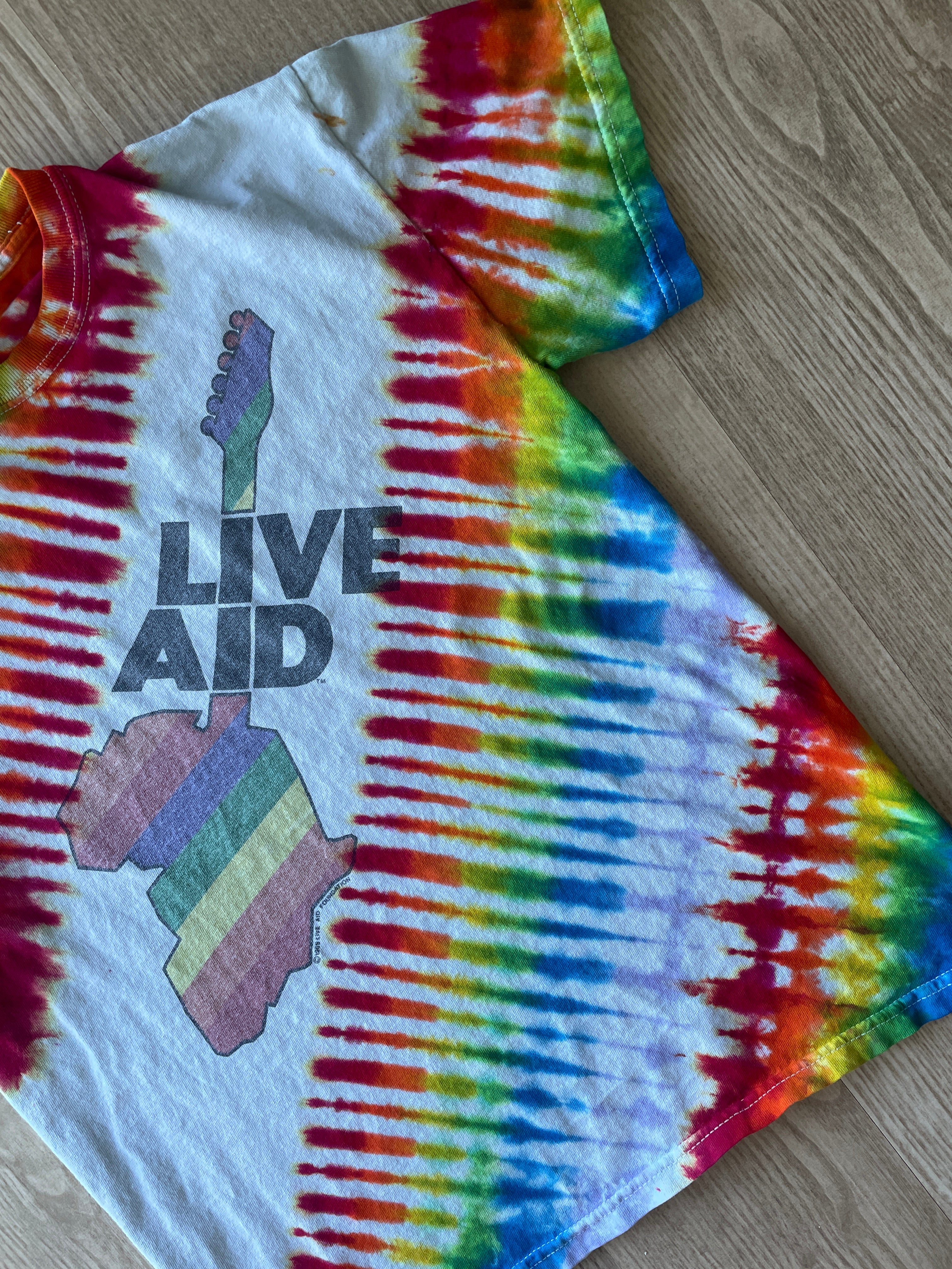 SMALL Men’s Vintage 1995 Live Aid Concert Tie Dye Short Sleeve T-Shirt | One-Of-a-Kind Upcycled Rainbow Pleated Top