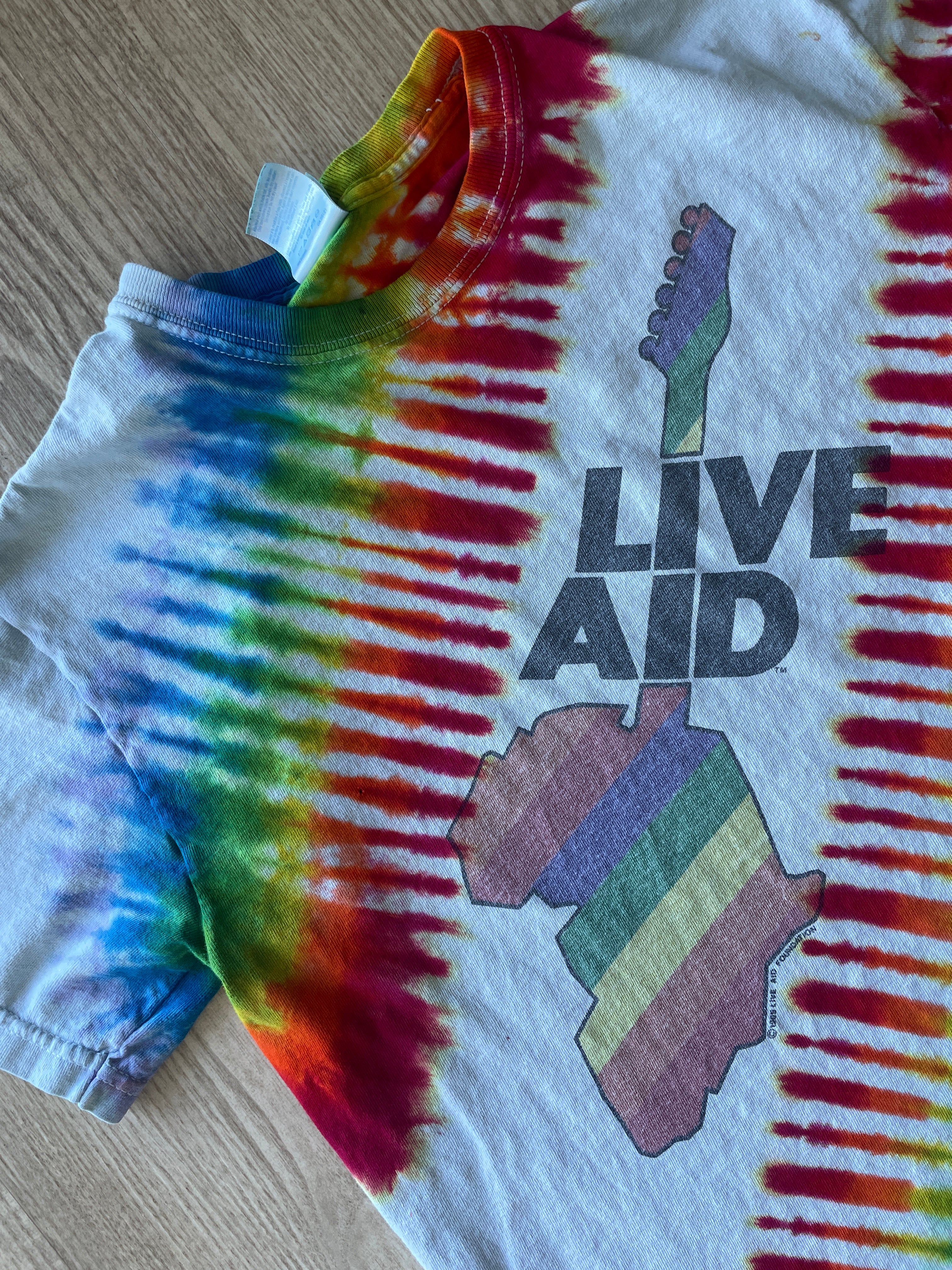 SMALL Men’s Vintage 1995 Live Aid Concert Tie Dye Short Sleeve T-Shirt | One-Of-a-Kind Upcycled Rainbow Pleated Top