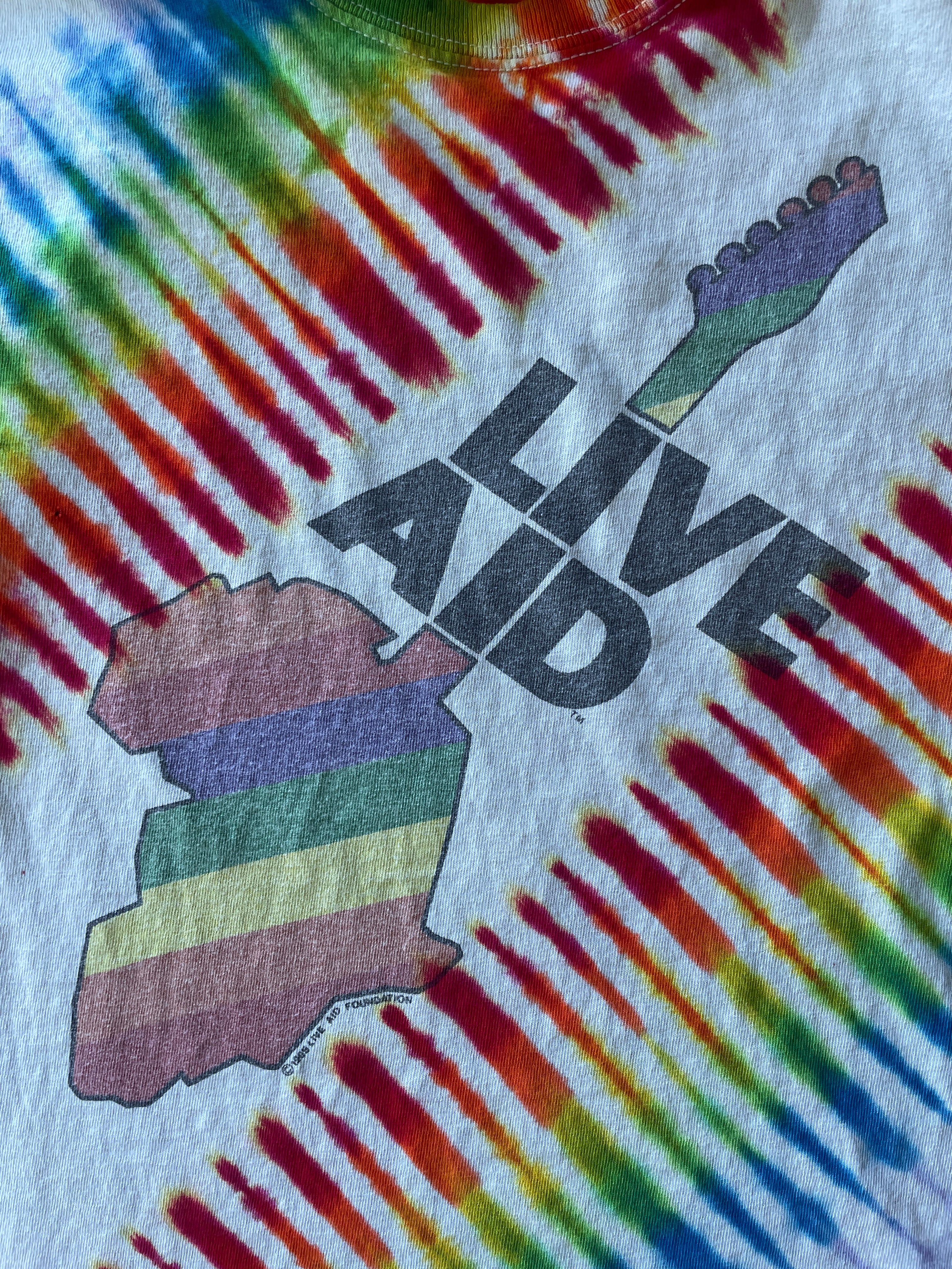 SMALL Men’s Vintage 1995 Live Aid Concert Tie Dye Short Sleeve T-Shirt | One-Of-a-Kind Upcycled Rainbow Pleated Top