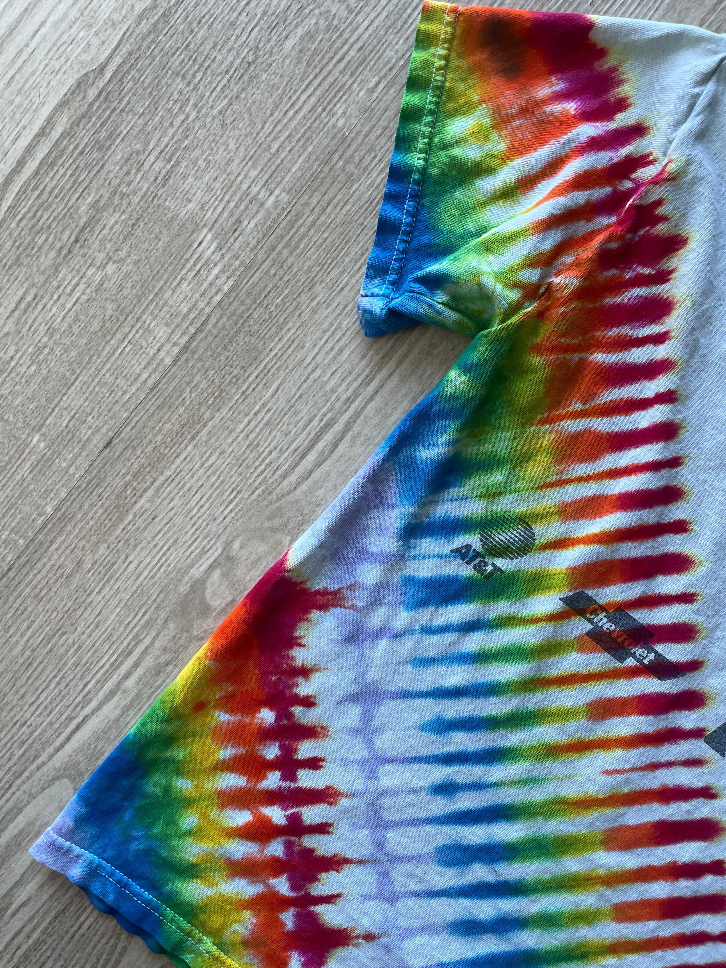 SMALL Men’s Vintage 1995 Live Aid Concert Tie Dye Short Sleeve T-Shirt | One-Of-a-Kind Upcycled Rainbow Pleated Top