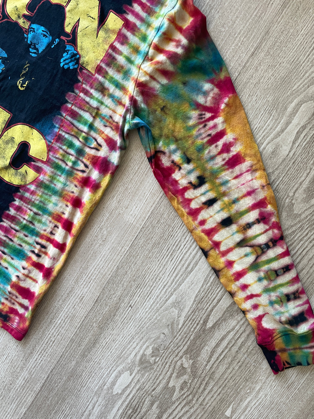 LARGE Men’s Run DMC Reverse Tie Dye Long Sleeve T-Shirt | One-Of-a-Kind Upcycled Black and Red Pleated Top