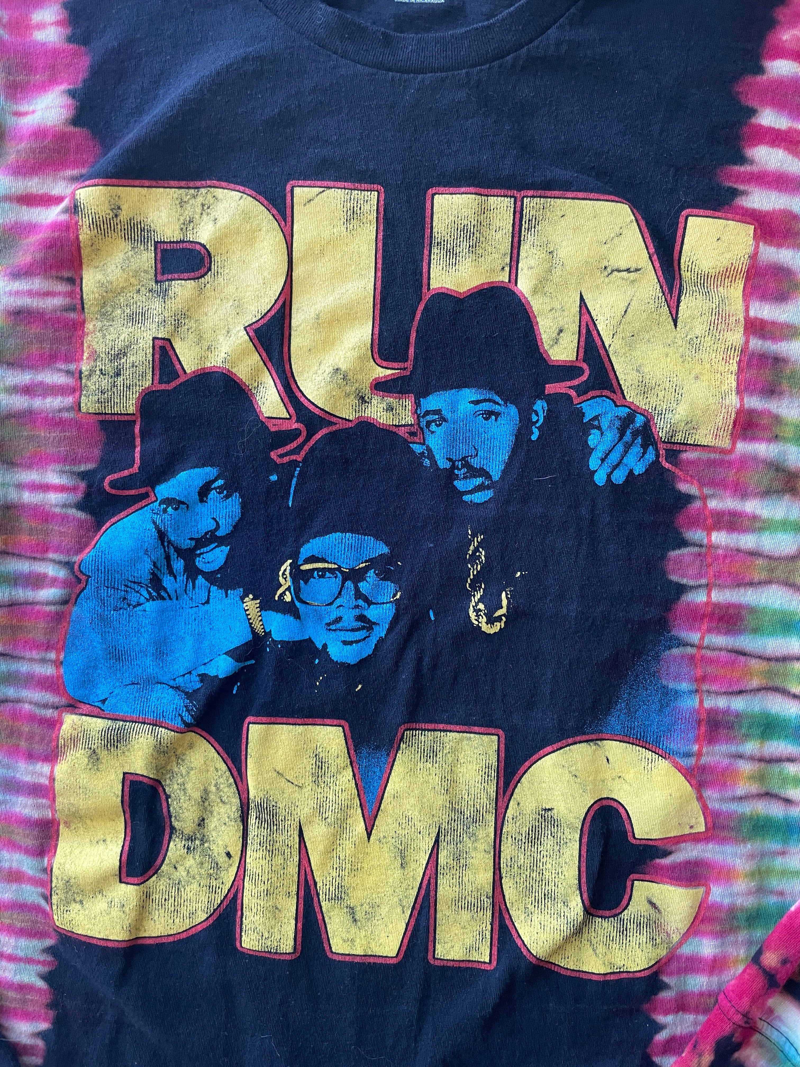 LARGE Men’s Run DMC Reverse Tie Dye Long Sleeve T-Shirt | One-Of-a-Kind Upcycled Black and Red Pleated Top