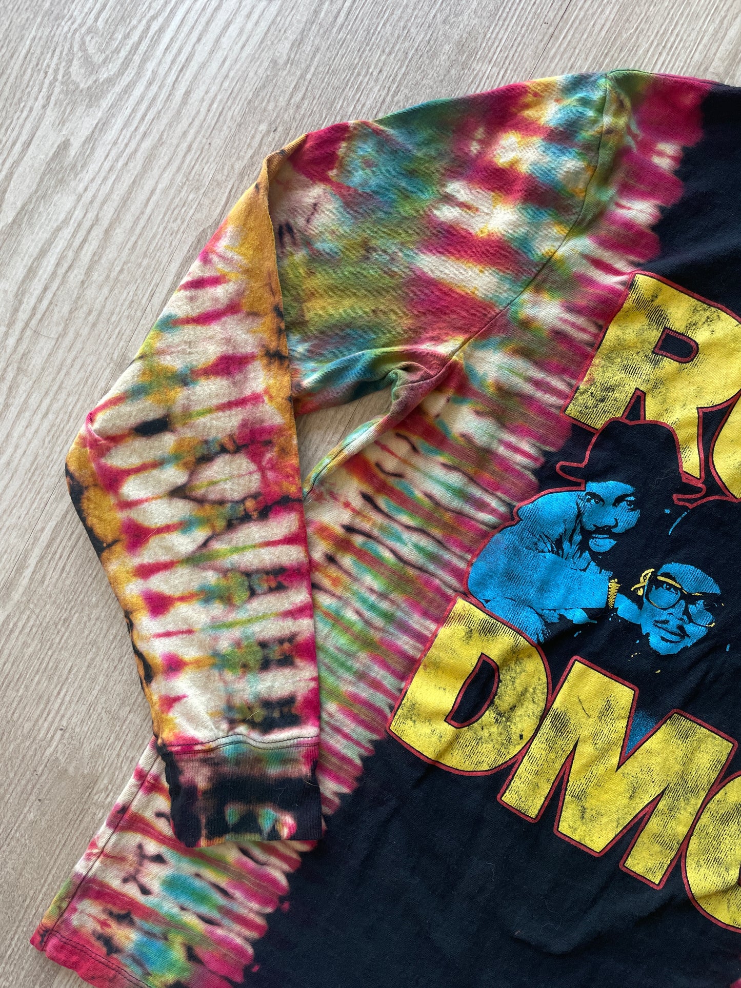 LARGE Men’s Run DMC Reverse Tie Dye Long Sleeve T-Shirt | One-Of-a-Kind Upcycled Black and Red Pleated Top