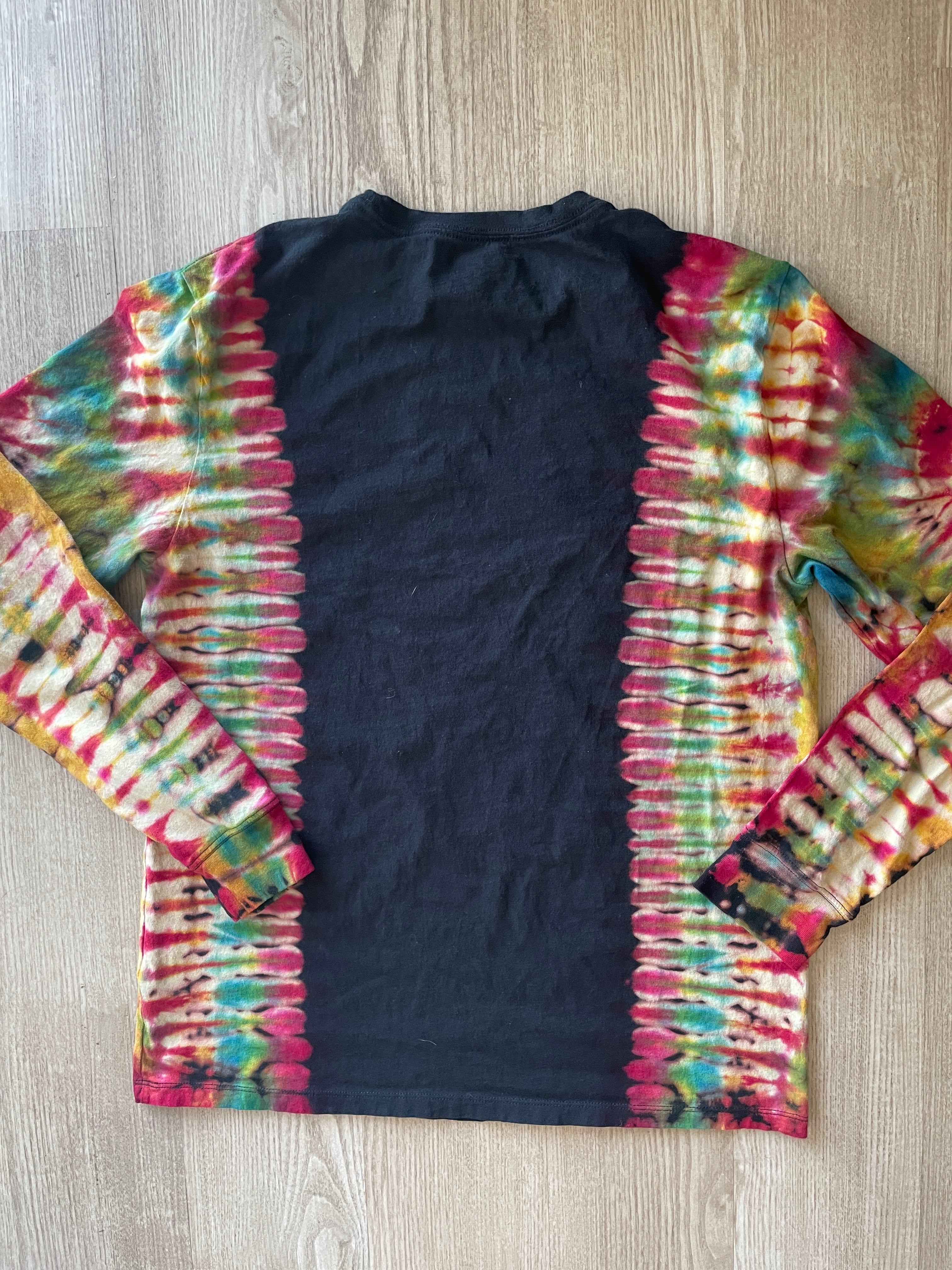 LARGE Men’s Run DMC Reverse Tie Dye Long Sleeve T-Shirt | One-Of-a-Kind Upcycled Black and Red Pleated Top