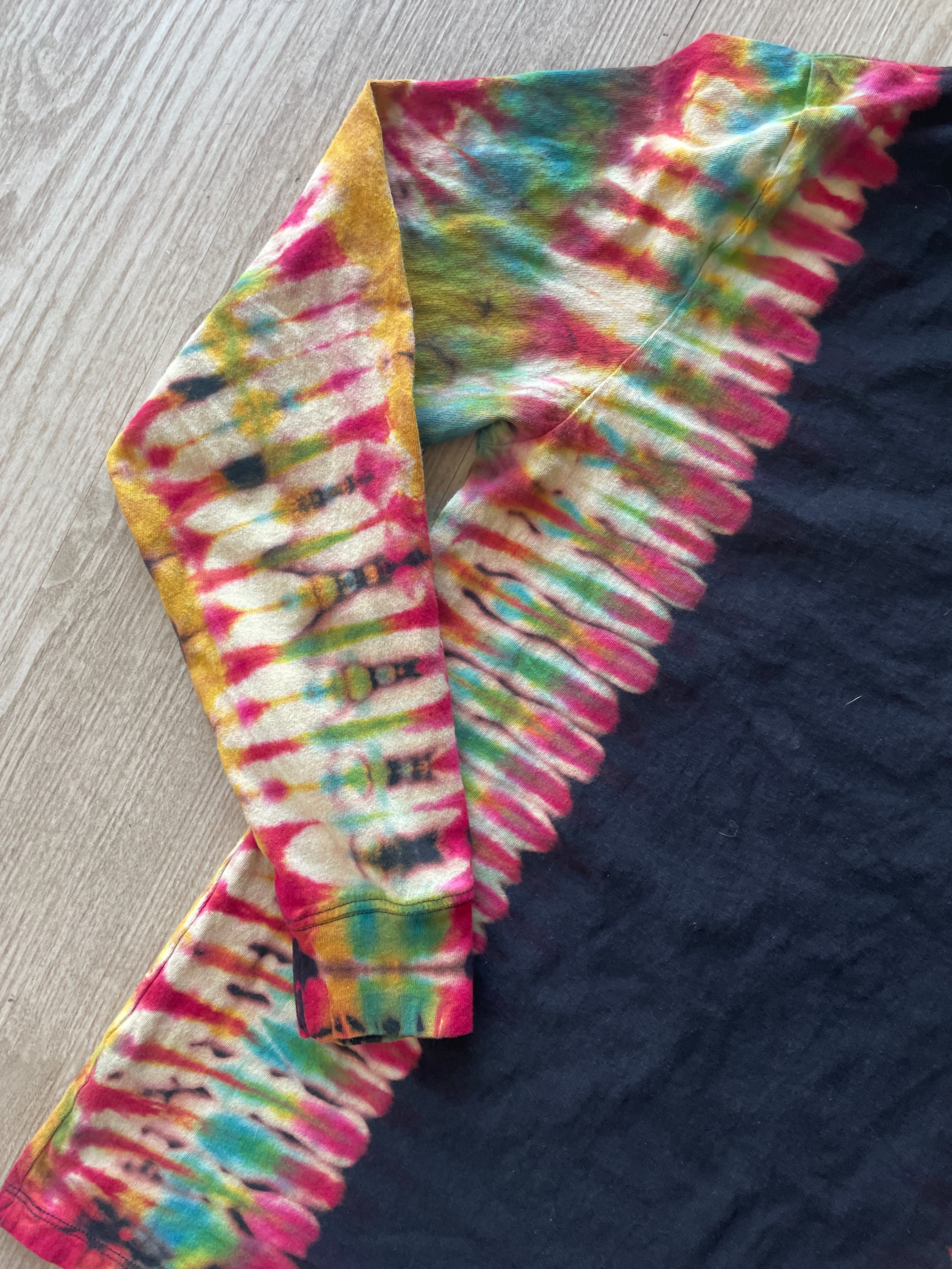 LARGE Men’s Run DMC Reverse Tie Dye Long Sleeve T-Shirt | One-Of-a-Kind Upcycled Black and Red Pleated Top