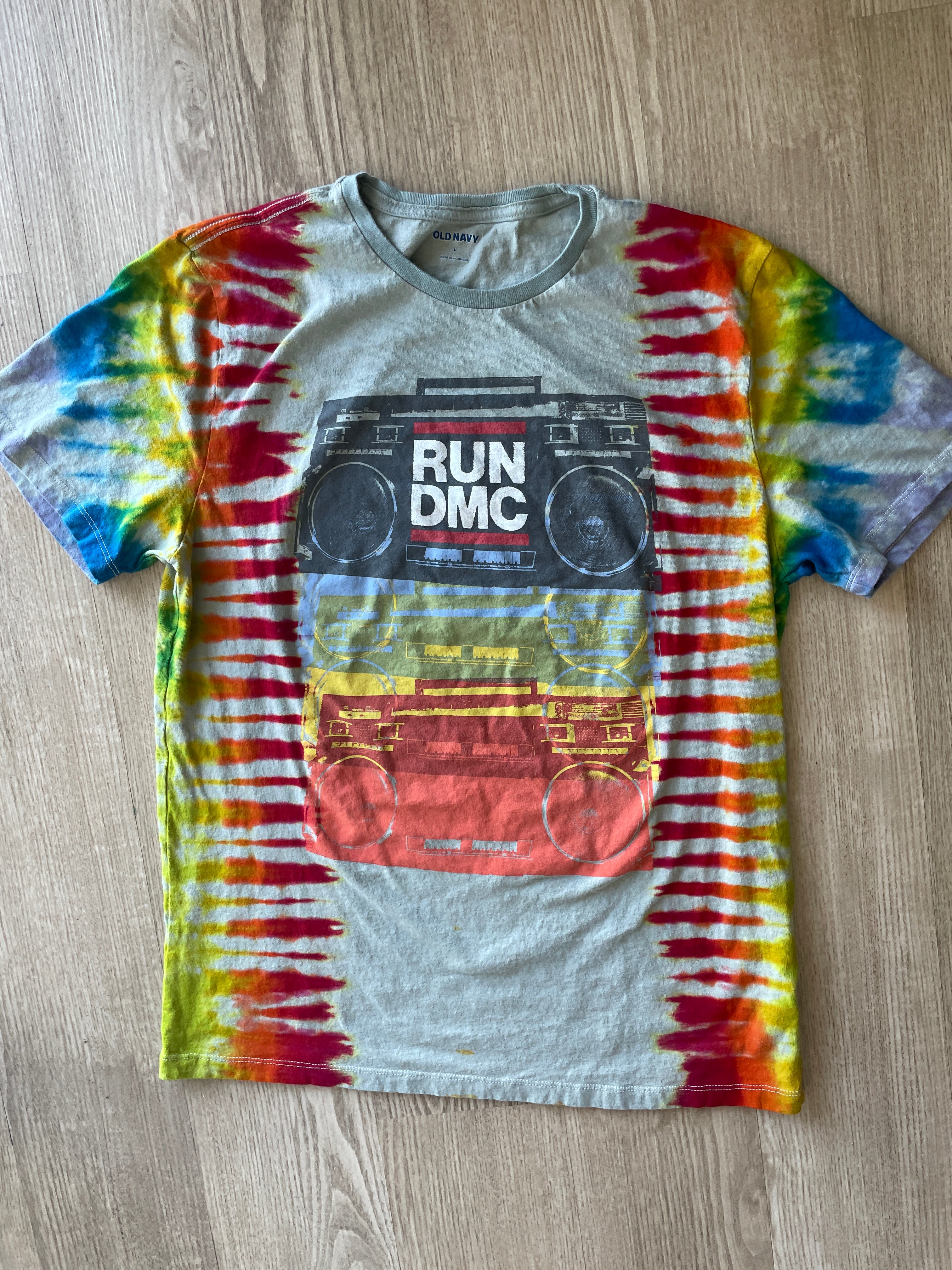 LARGE Men’s Run DMC Speakers Tie Dye Short Sleeve T-Shirt | One-Of-a-Kind Upcycled Rainbow Pleated Top