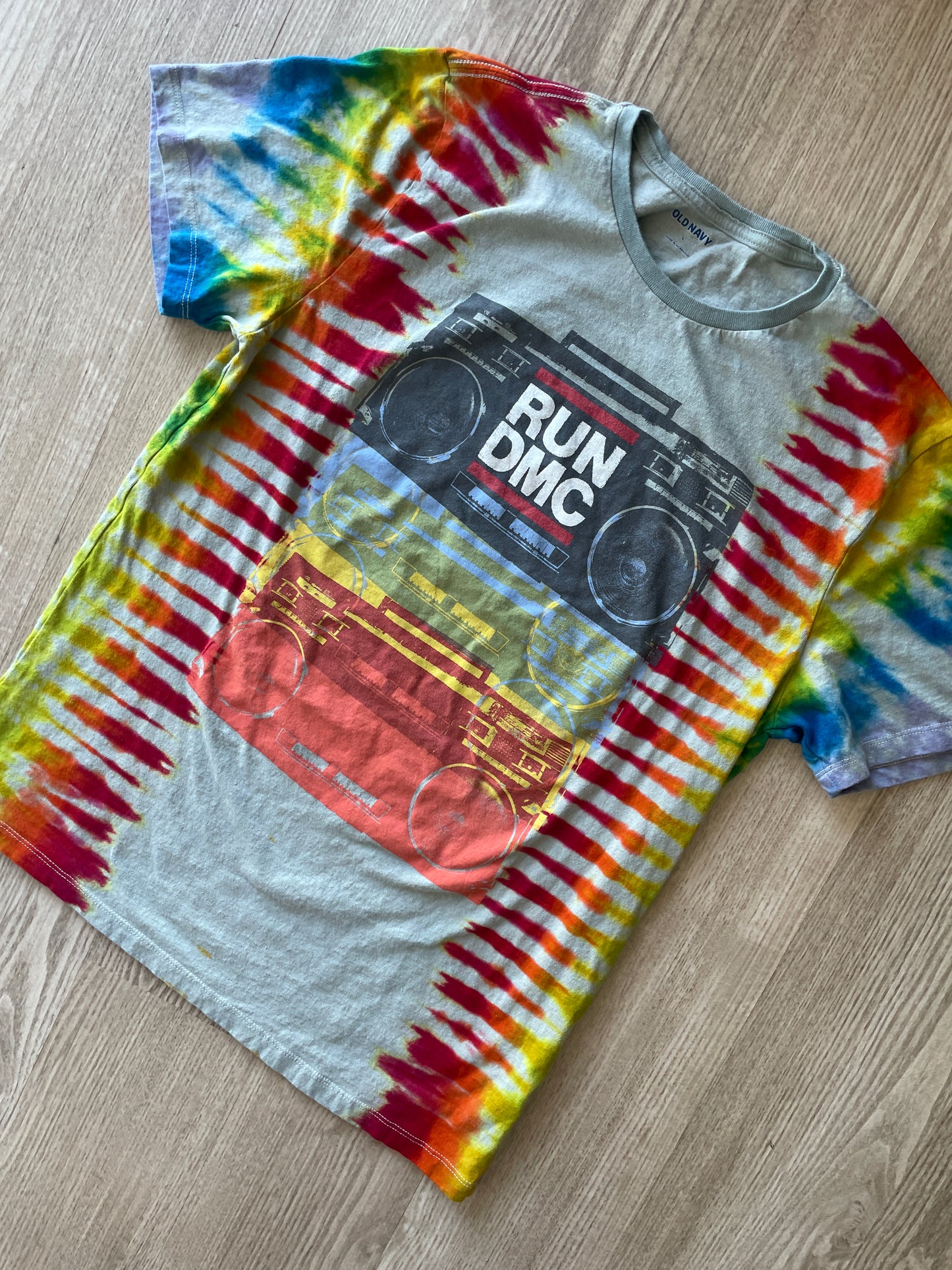 LARGE Men’s Run DMC Speakers Tie Dye Short Sleeve T-Shirt | One-Of-a-Kind Upcycled Rainbow Pleated Top