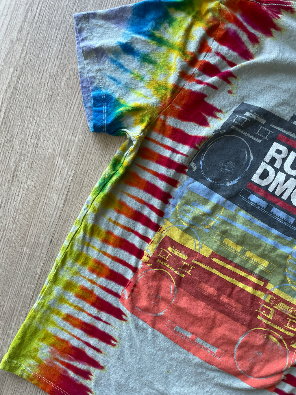 LARGE Men’s Run DMC Speakers Tie Dye Short Sleeve T-Shirt | One-Of-a-Kind Upcycled Rainbow Pleated Top