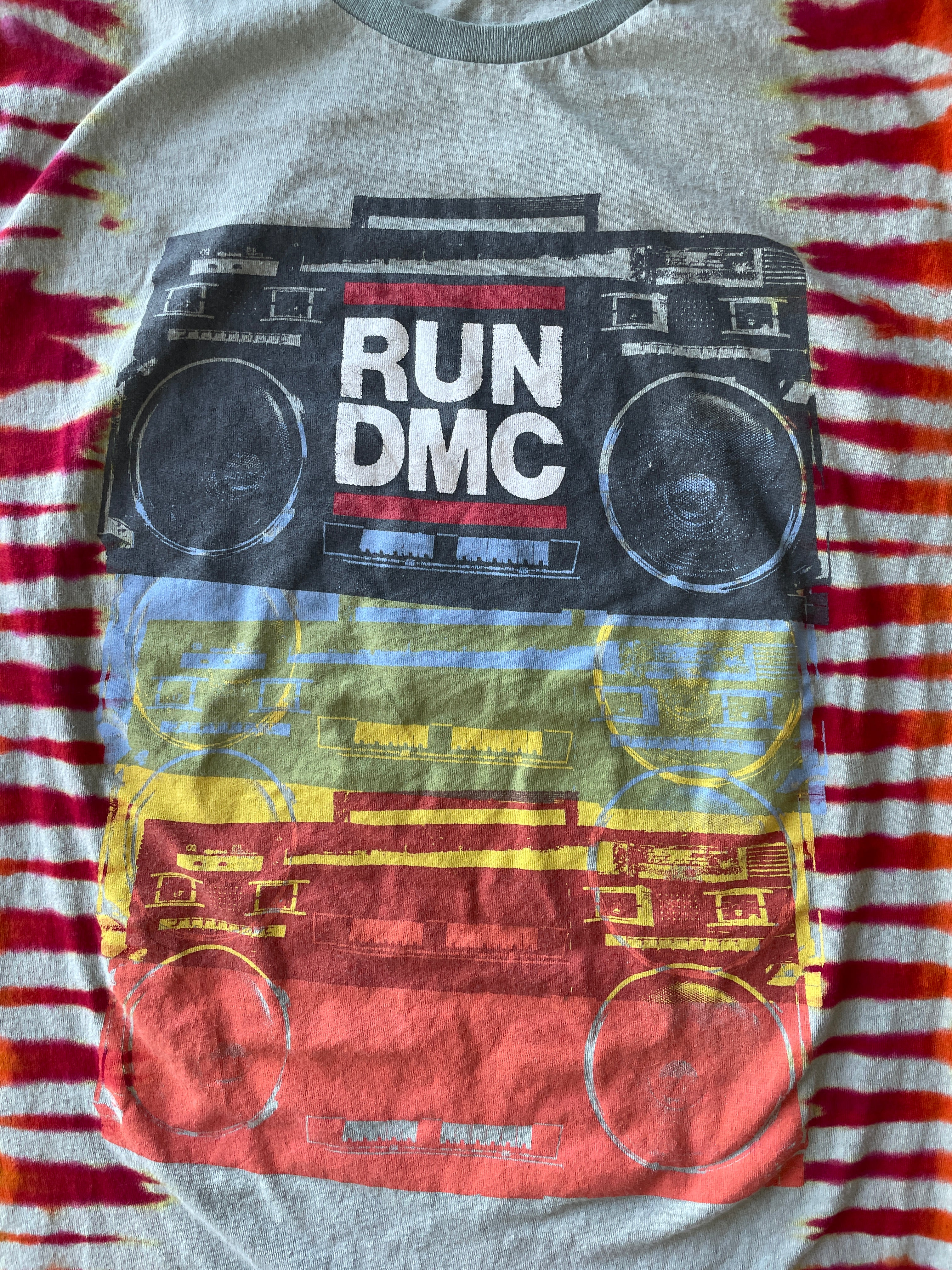 LARGE Men’s Run DMC Speakers Tie Dye Short Sleeve T-Shirt | One-Of-a-Kind Upcycled Rainbow Pleated Top