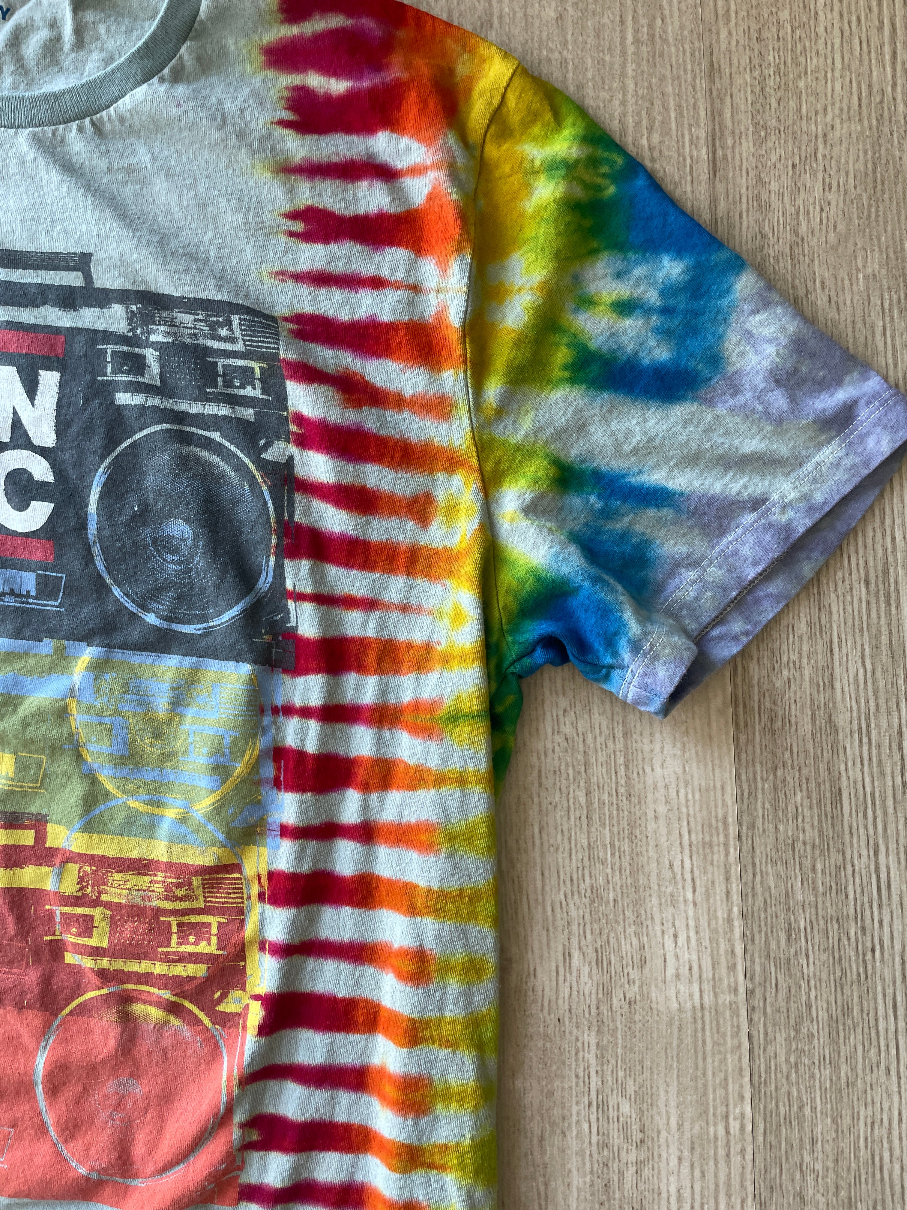 LARGE Men’s Run DMC Speakers Tie Dye Short Sleeve T-Shirt | One-Of-a-Kind Upcycled Rainbow Pleated Top