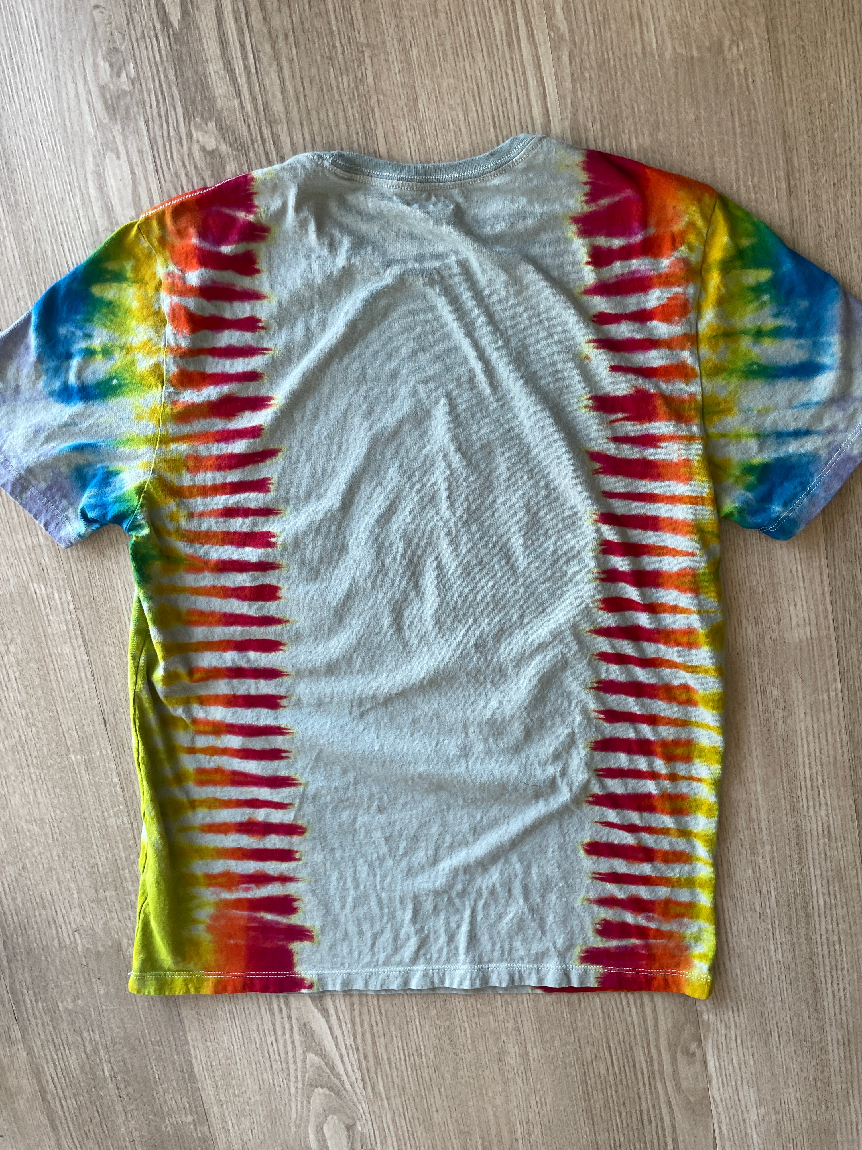 LARGE Men’s Run DMC Speakers Tie Dye Short Sleeve T-Shirt | One-Of-a-Kind Upcycled Rainbow Pleated Top