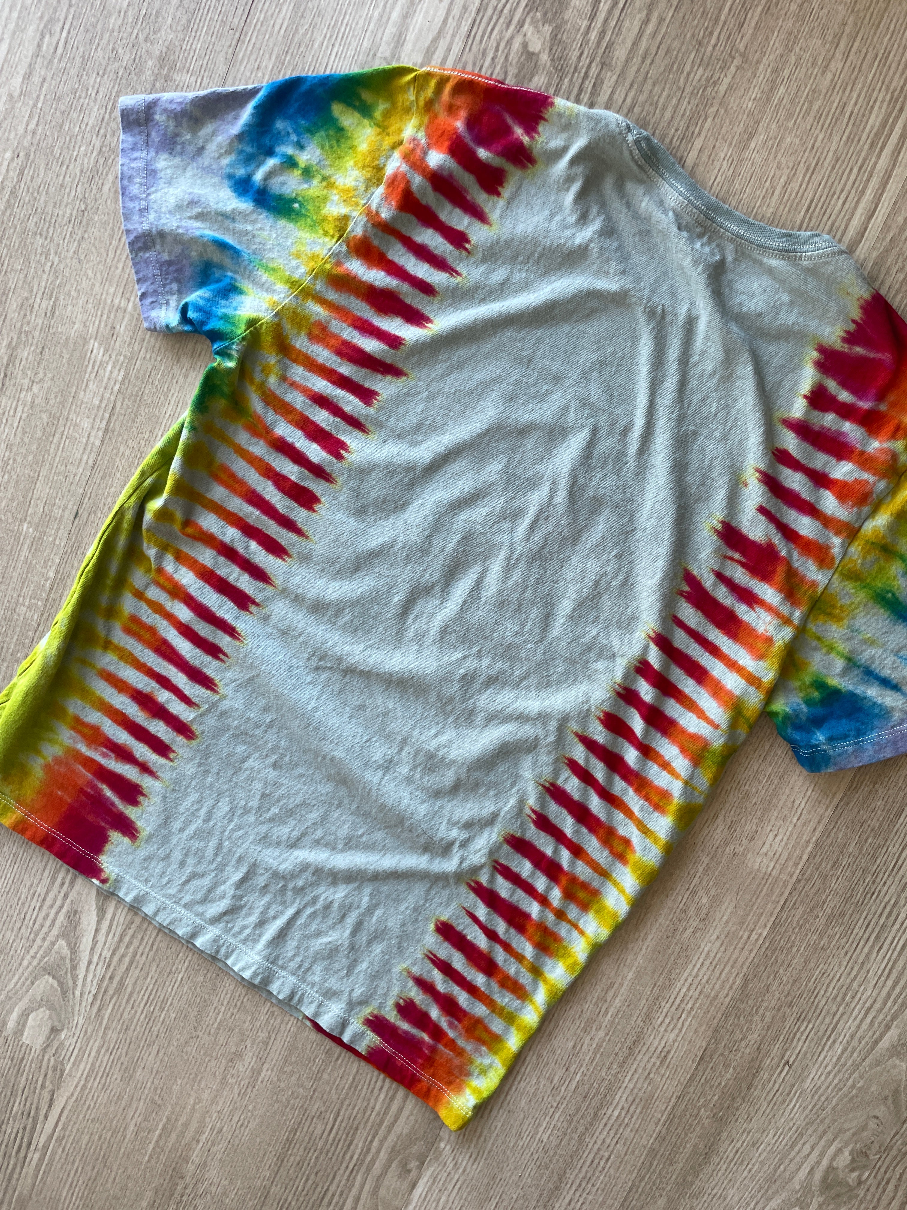 LARGE Men’s Run DMC Speakers Tie Dye Short Sleeve T-Shirt | One-Of-a-Kind Upcycled Rainbow Pleated Top
