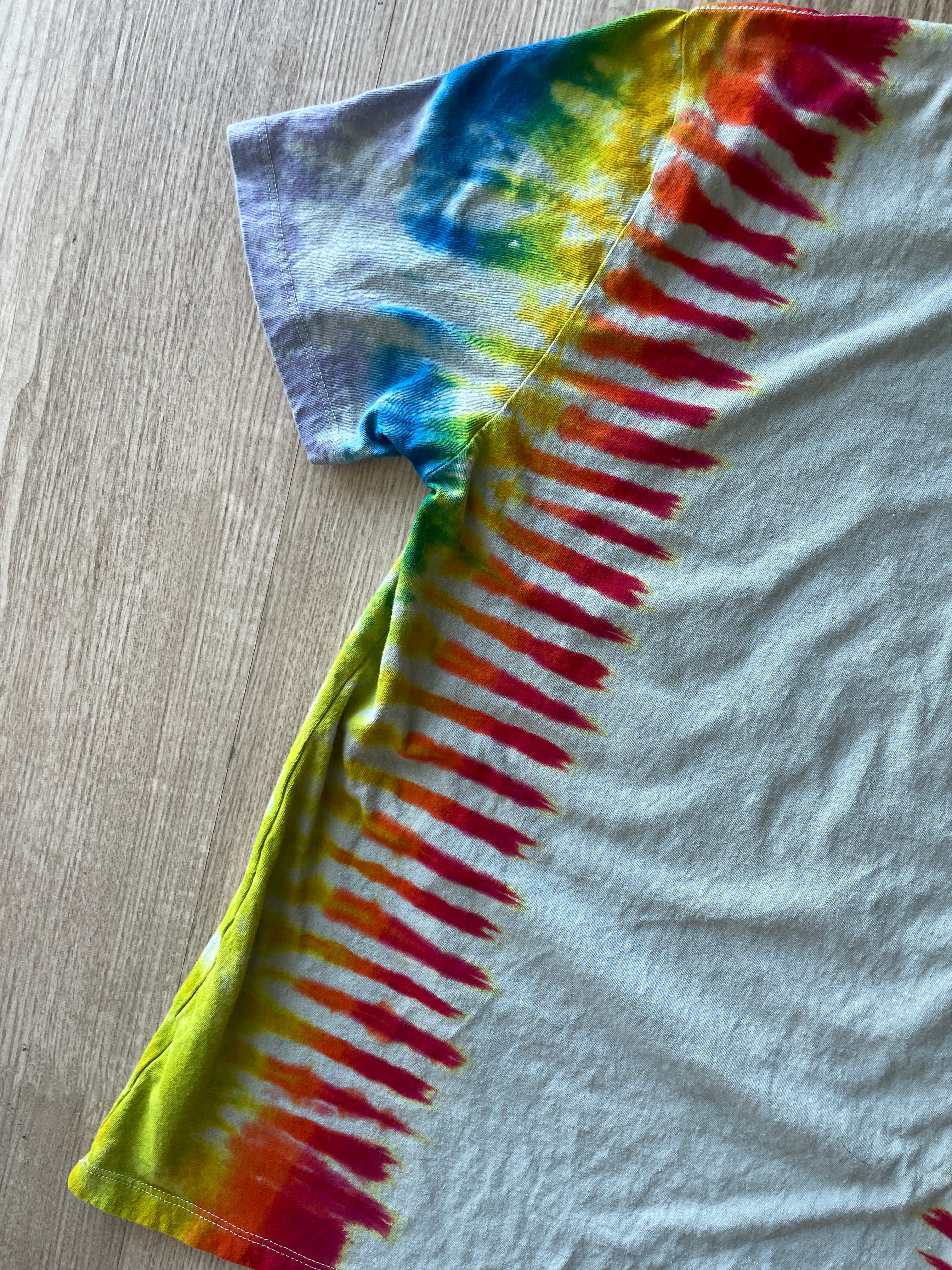 LARGE Men’s Run DMC Speakers Tie Dye Short Sleeve T-Shirt | One-Of-a-Kind Upcycled Rainbow Pleated Top