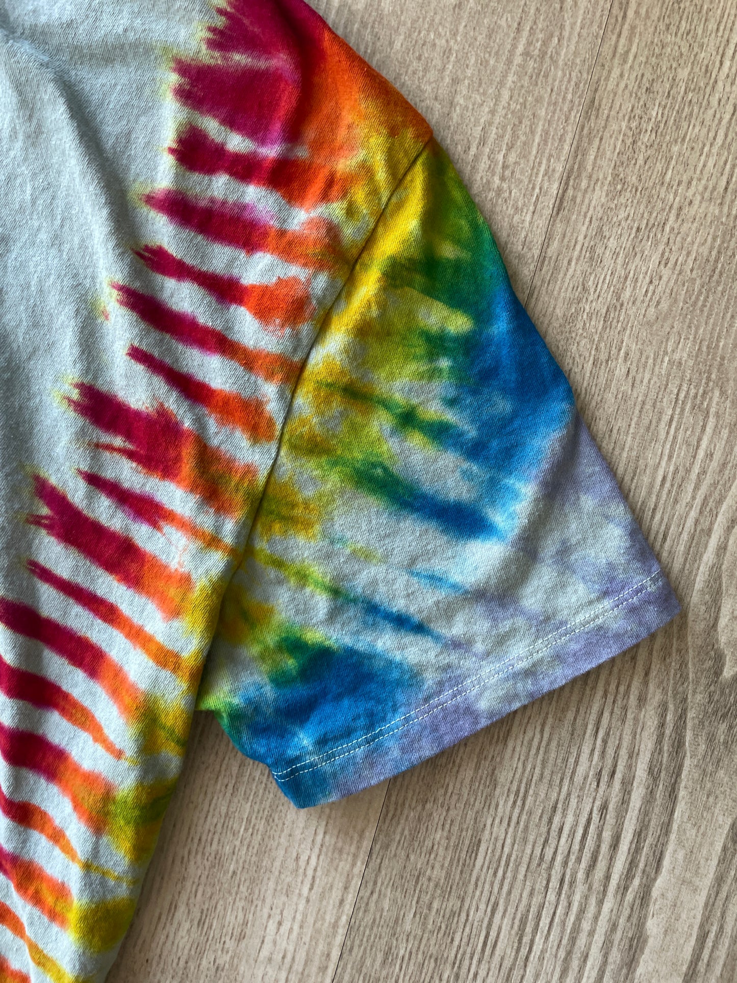 LARGE Men’s Run DMC Speakers Tie Dye Short Sleeve T-Shirt | One-Of-a-Kind Upcycled Rainbow Pleated Top