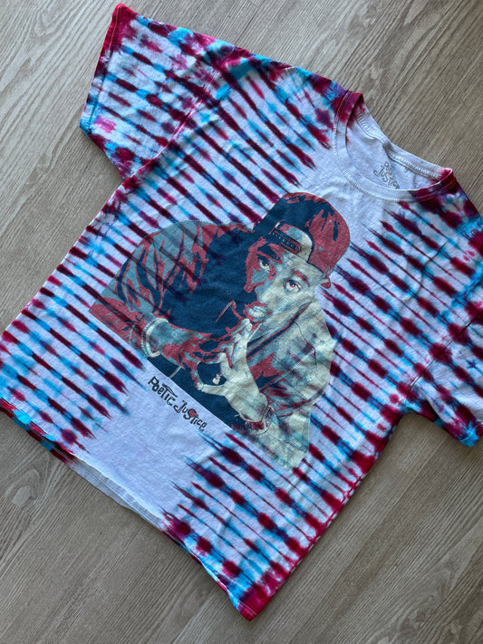 XL Men's Tupac Shakur Poetic Justice Handmade Tie Dye Short Sleeve T-Shirt | One-Of-a-Kind Upcycled Olive White, Blue, and Red Pleated Top