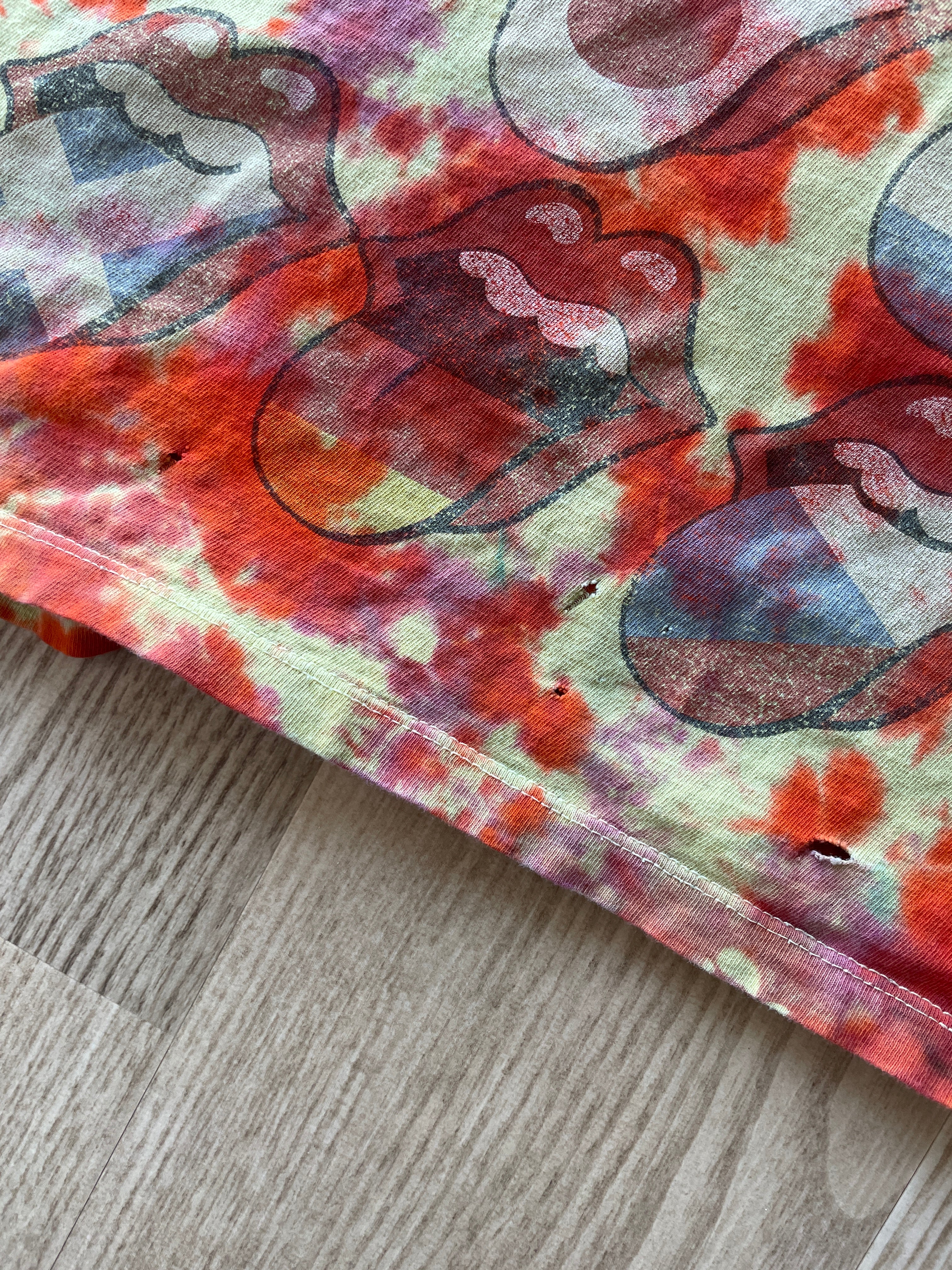 XL Women’s Rolling Stones Hot Lips Around the World T-Shirt | Yellow and Orange Crumpled Tie Dye Short Sleeve